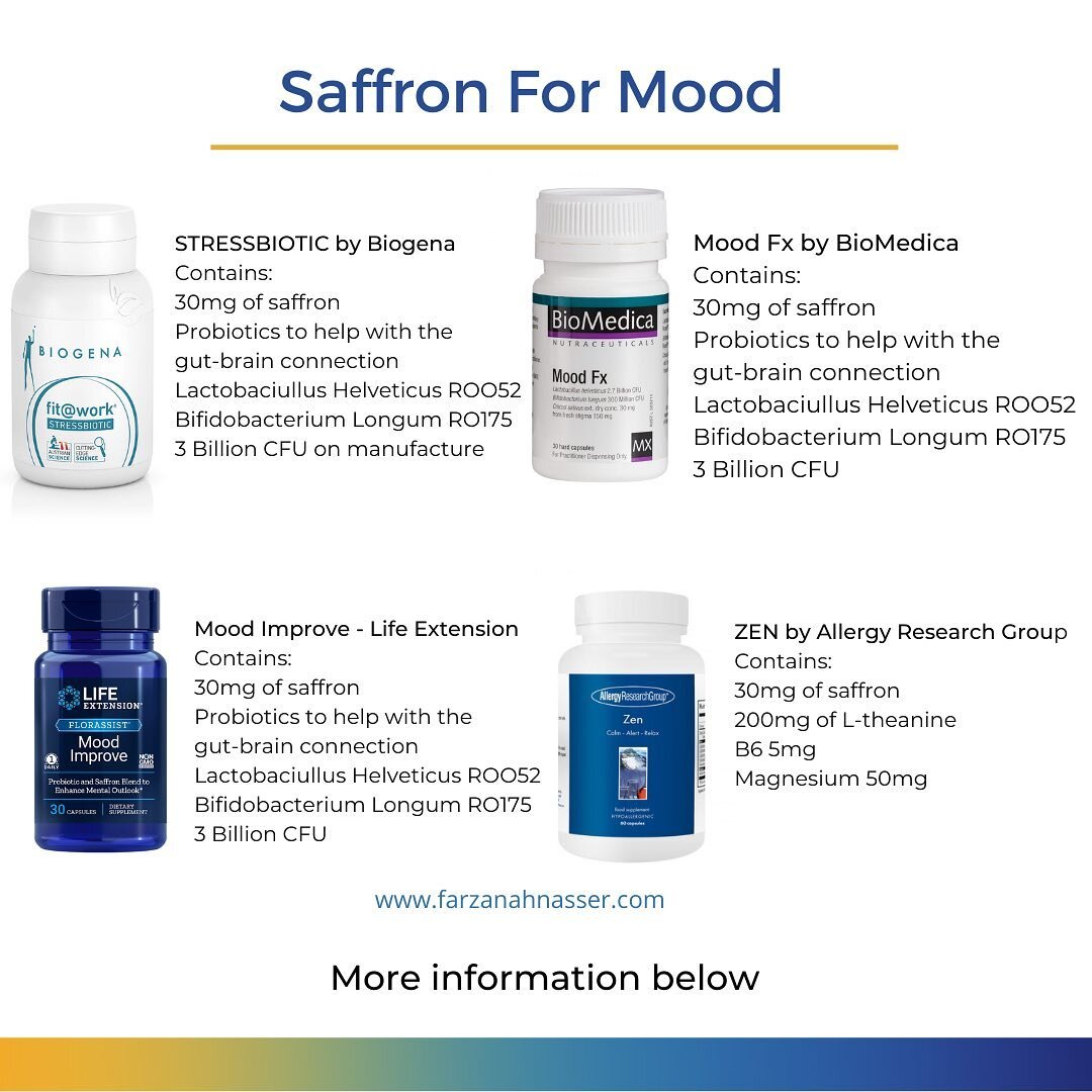 SAFFRON FOR MOOD: Lots of studies have been conducted showing the benefits of saffron for mental health. How it can less reduce depressive symptoms and also reduce anxiety with additional benefits including: postpartum depression, PMS, ADHD, RA, asth