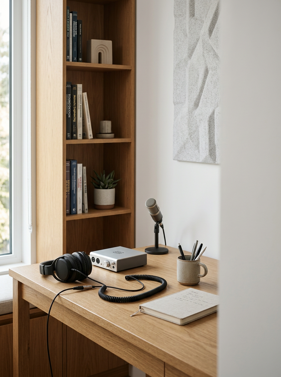 A workspace with a wooden desk, headphones, a recording interface, a microphone on a stand, a mug holding pens and pencils, and a closed notebook. Behind the desk is a wooden bookshelf with books, a small potted plant, and decorative objects. A window with white blinds is visible to the left.