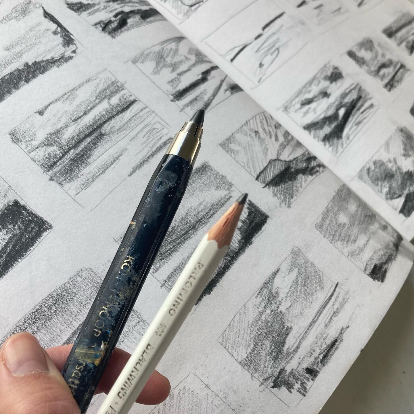 Weapons of choice for some thumbnail compositions this morning. 
I have loads of different pencils but the love that the Koh-I-Noor have fat interchangeable leads and Palomino Blackwings just feel so buttery and nice to draw and write with.