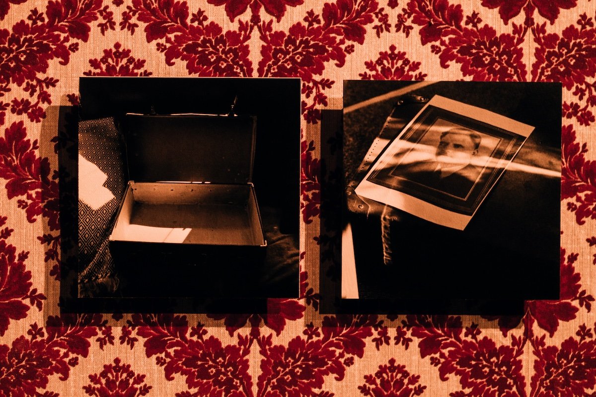 Alia Syed, 'A Suitcase Journey', 2025 (detail)
Digital photograph, 148 x 210mm matte print on 2mm board on 18mm wall mount on vintage red flock wallpaper
Nasreen Shahid’s Suitcase, from the 1930s belonging to her grandfather
holding a photograph of