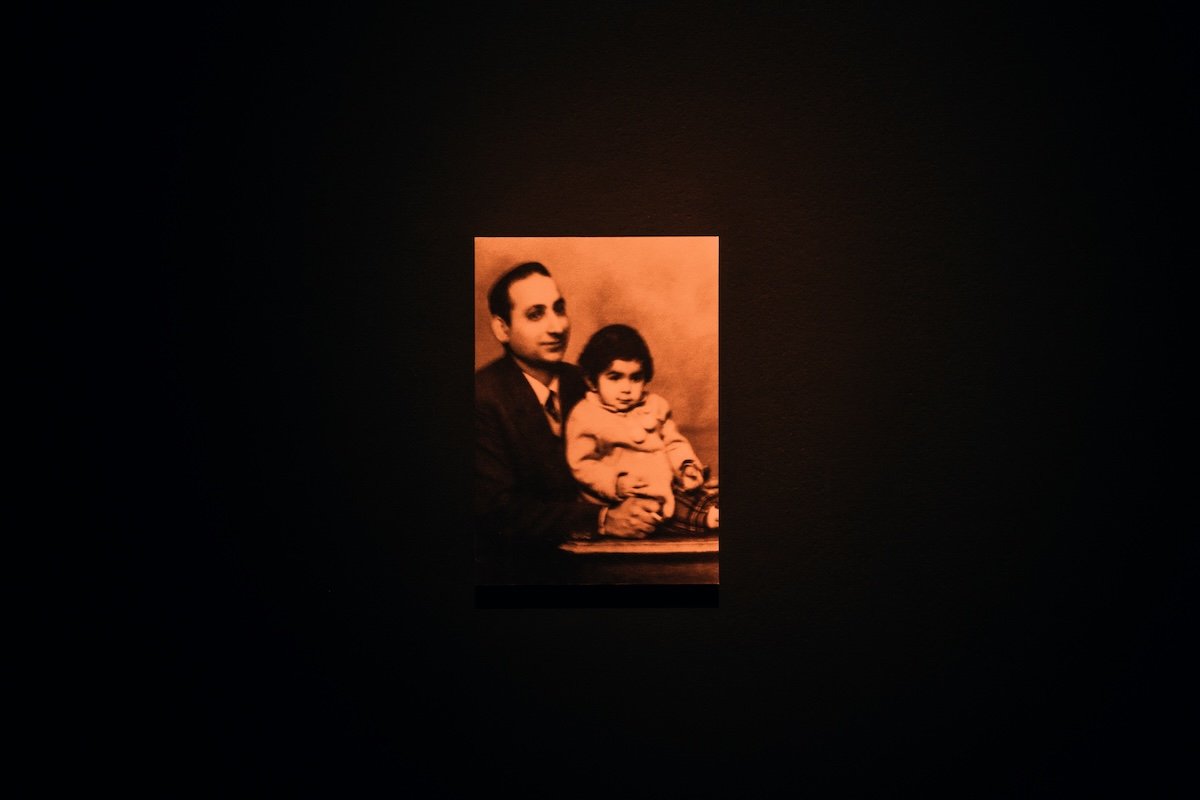 Photograph of Nasreen Shahid as a child with her father in 1958
Digital copy of original
206 x 146mm matte print on 2mm board on 18mm wooden wall mount
Photo: Diana Dumi