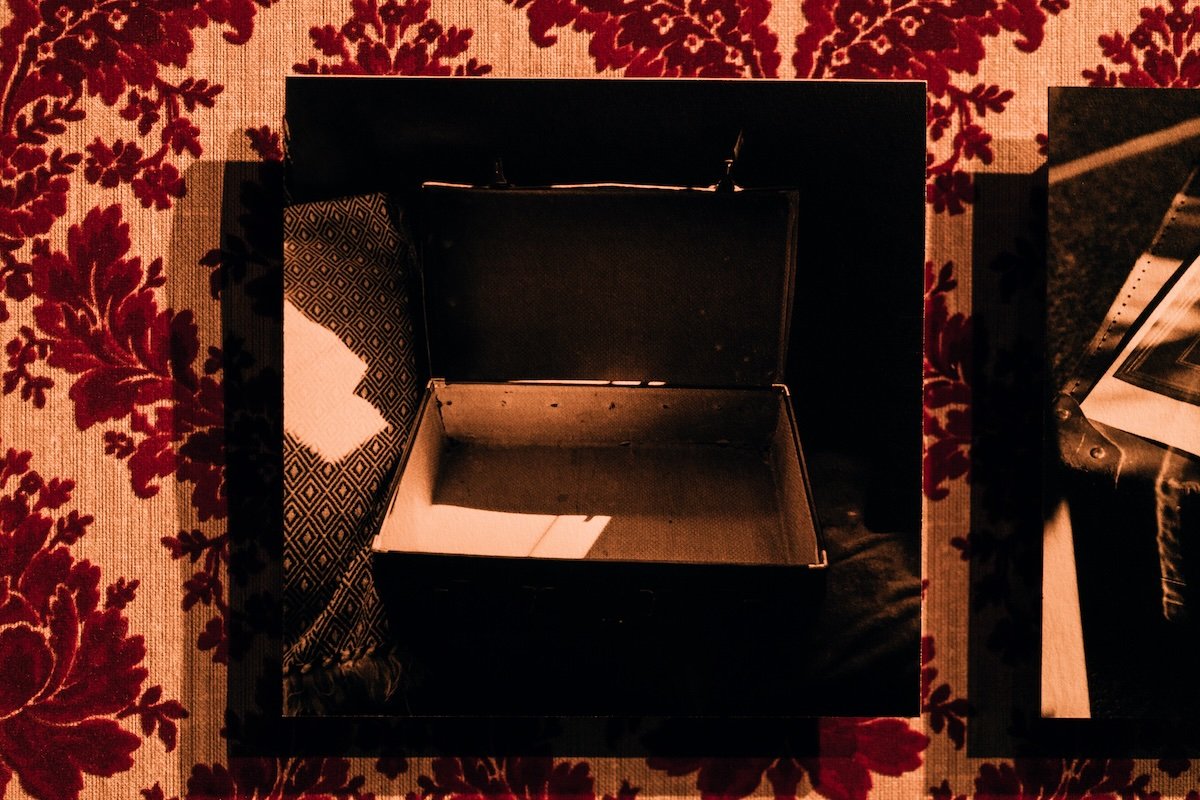 Alia Syed, 'A Suitcase Journey', 2025 (detail)
Digital photograph, 148 x 210mm matte print mounted on 2mm board
remounted on 18mm wall mount on vintage red flock wallpaper
Nasreen Shahid’s Suitcase, from the 1930s belonging to her grandfather
Photo: