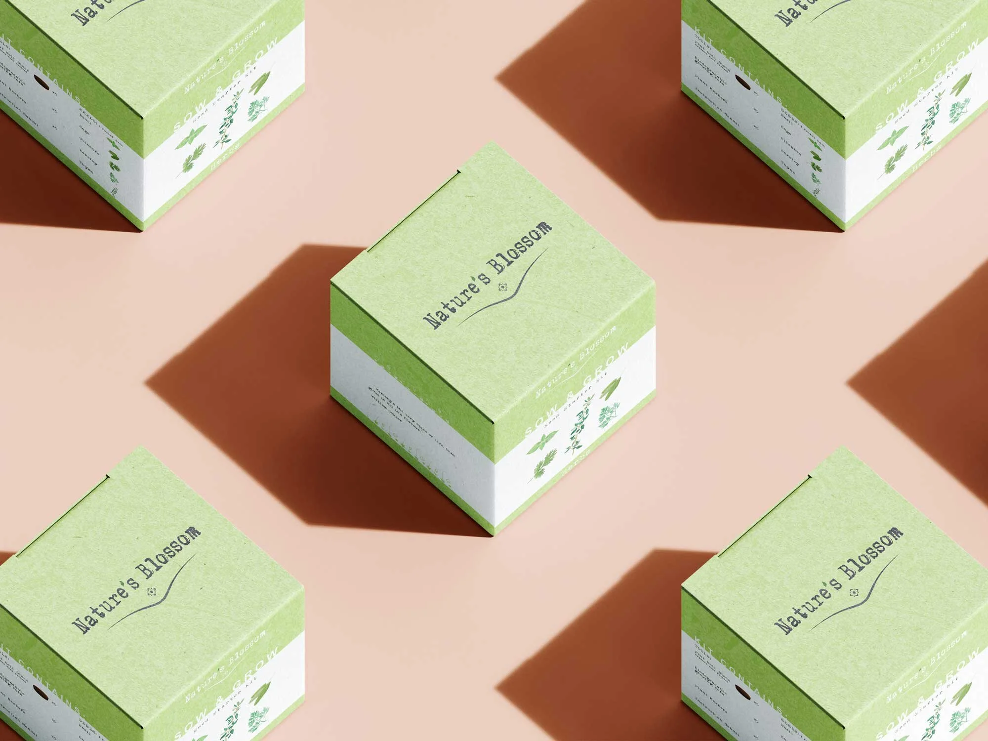 Multiple light green and white boxes labeled 'Nature's Blossom' on a light pink background, casting shadows.