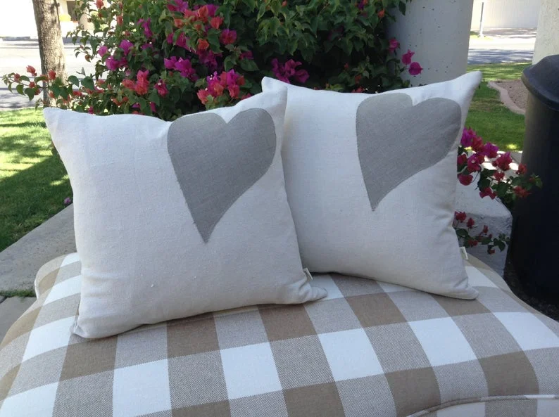 Custom Handmade Canvas &amp; Linen Heart Applique Pillow from the "Bella" Collection - $55