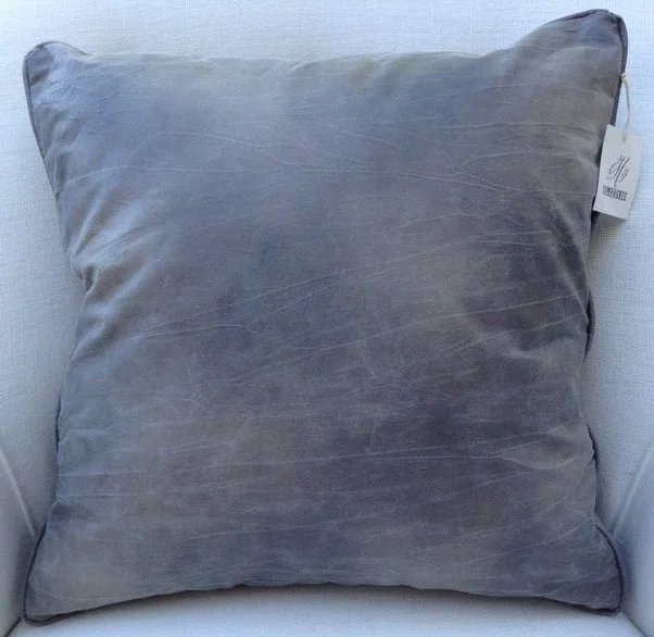 Gray Bomber Leather Look Pillow, Handmade with Self Welt &amp; Fabric by Kravet - $95