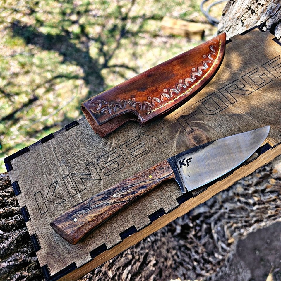 Simple yet beautiful. EDC 80crv2 steel, spalted maple handle and brass pins. handmade leather sheath.

No need to say more. This one I might have
Just have to keep. But it is available for a limited time in anyone is interested. Let me know. Thank yo