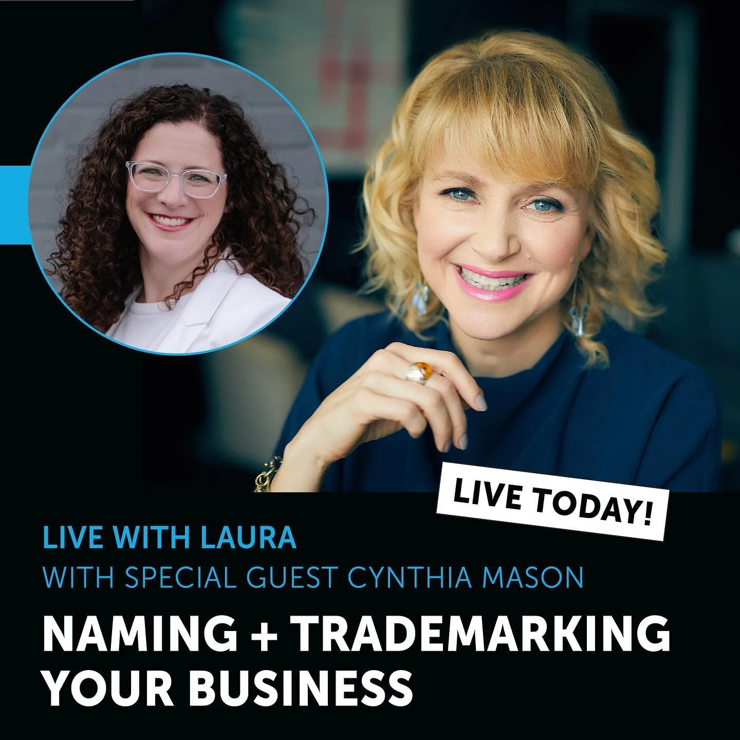 How do you decide what to name your business? 

On this week's Live with Laura, I'll be chatting with @cynthiadmason a Canadian lawyer and trademark agent and the founder of @masonpctrademarks and Markably. 

She's on a mission to make it easy for sm