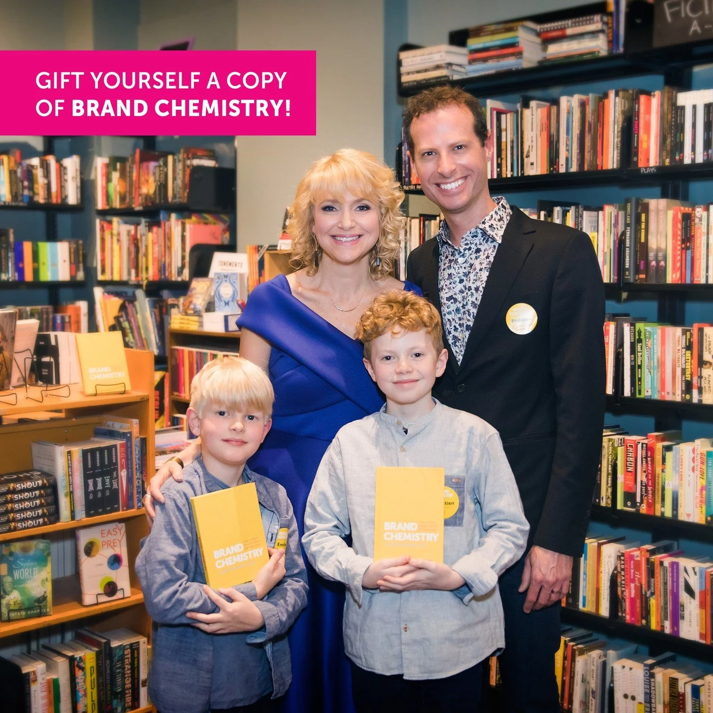 Throwback to my book launch party&mdash;back when my boys were shorter than me and Brand Chemistry was brand new!

Now, years later, we&rsquo;re clearing out our stock to make room for future projects (and to prevent any more shelving mishaps 😅).

F
