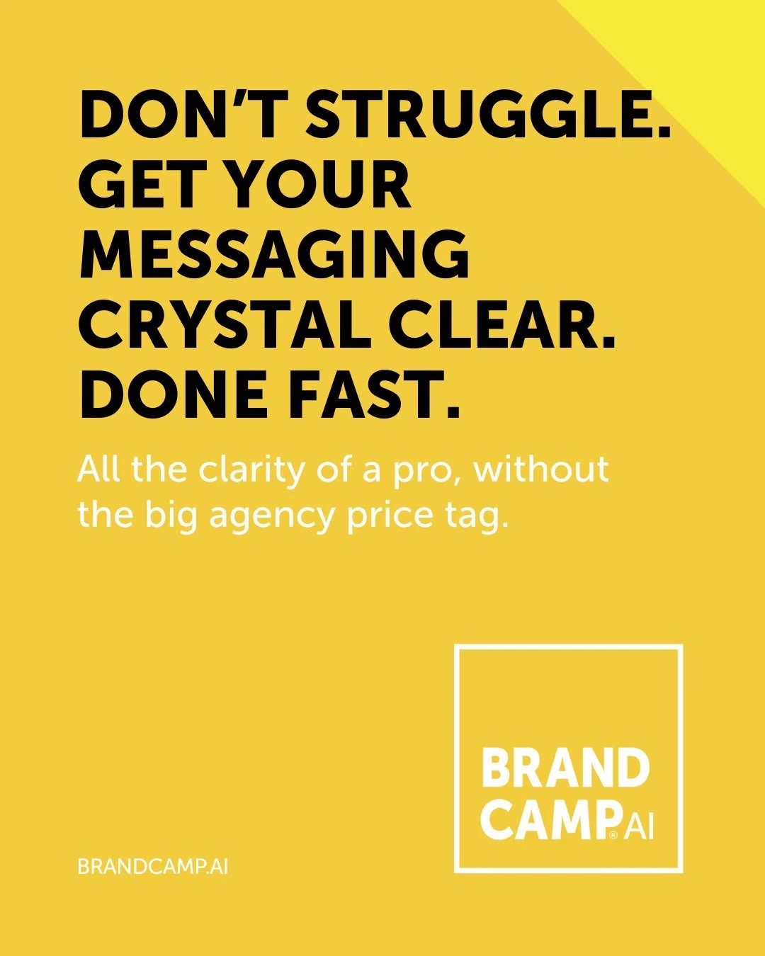 Too many entrepreneurs are stuck with messy messaging.

If your dream clients don&rsquo;t instantly get why they should choose you, you&rsquo;re losing time, money, and opportunities every single day.

That&rsquo;s why we created Brand Camp AI, the c