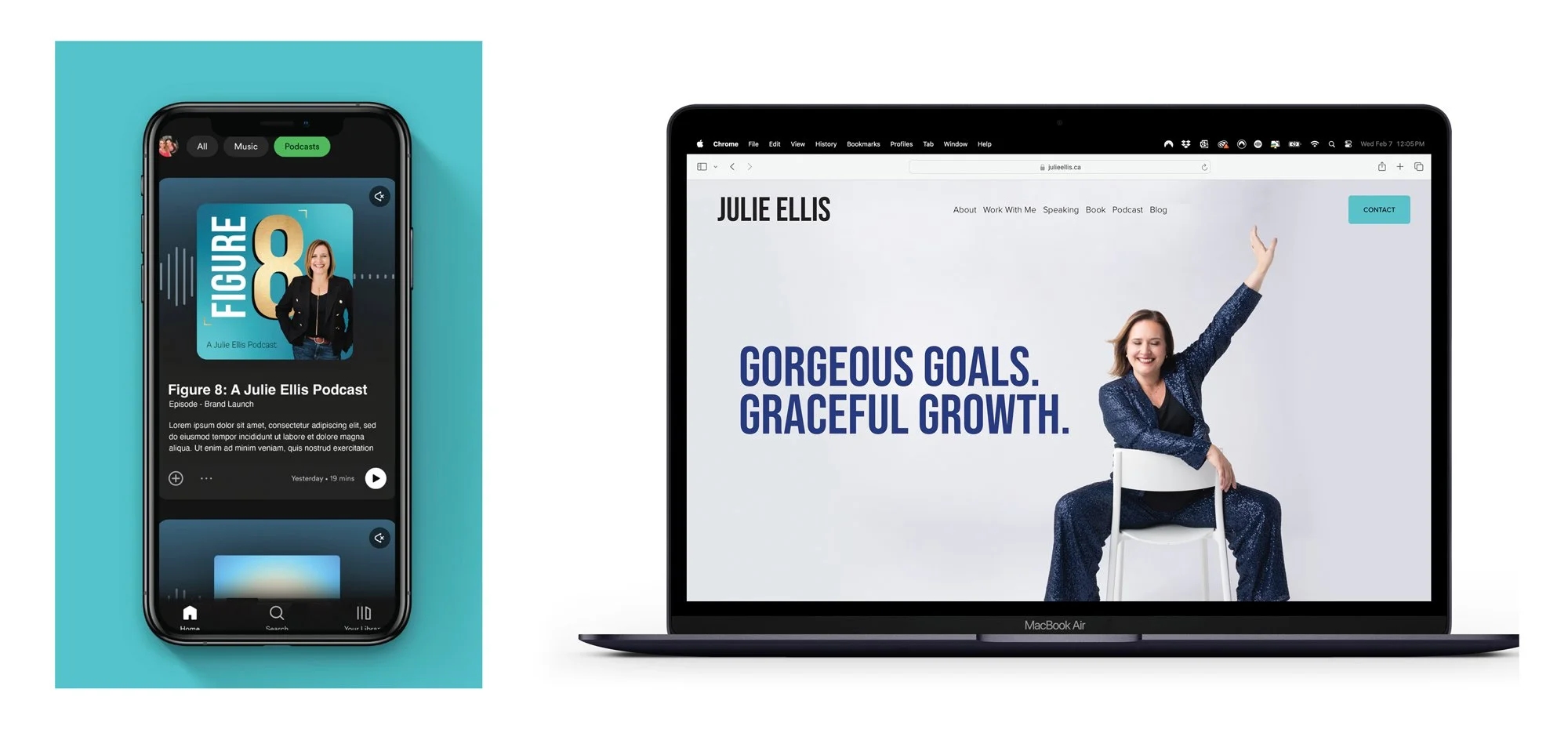 Laptop and mobile display of Julie Ellis’ podcast and website showing cohesive personal brand identity, supporting opportunities after selling a business or career shift.