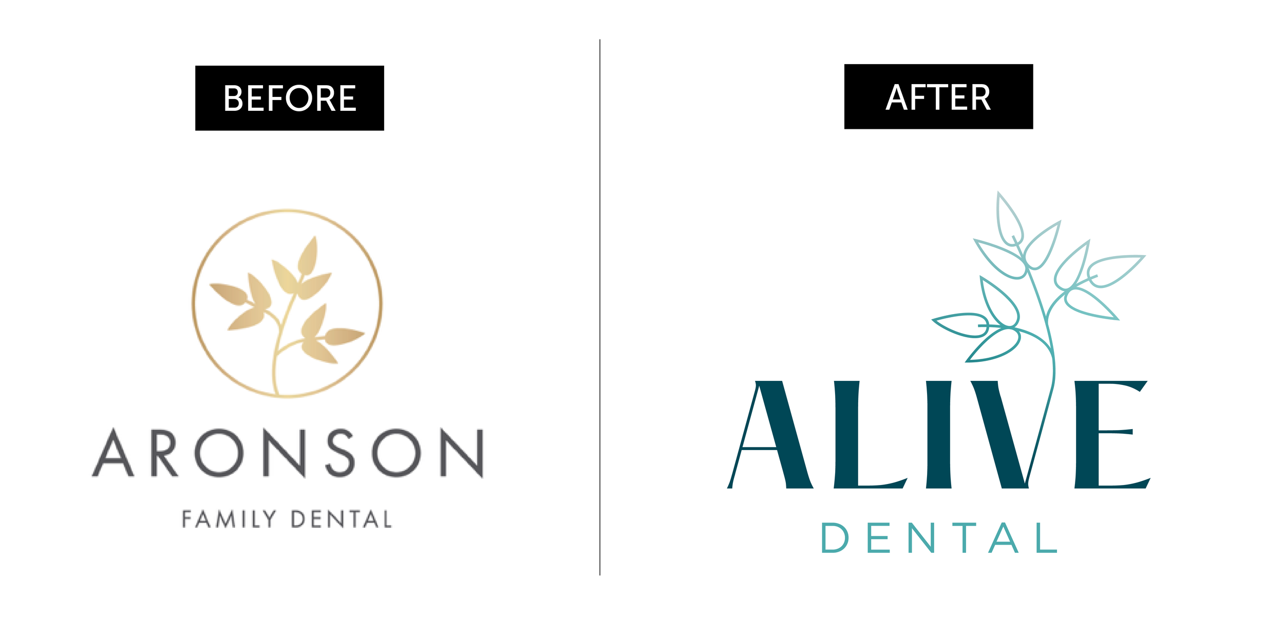 Side-by-side comparison of the Aronson Family Dental logo and the new Alive Dental logo showing the visual rebrand and repositioning toward a more modern, growth-ready identity.