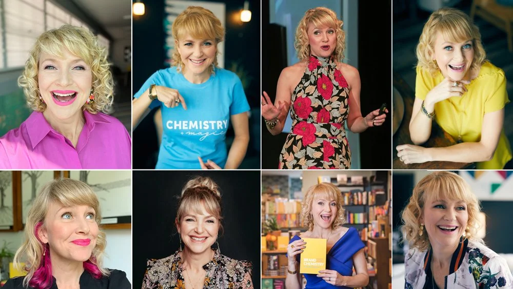 Collage of Laura Beauparlant showcasing her personal brand as a founder, highlighting her vibrant style, confidence, and alignment with business values.