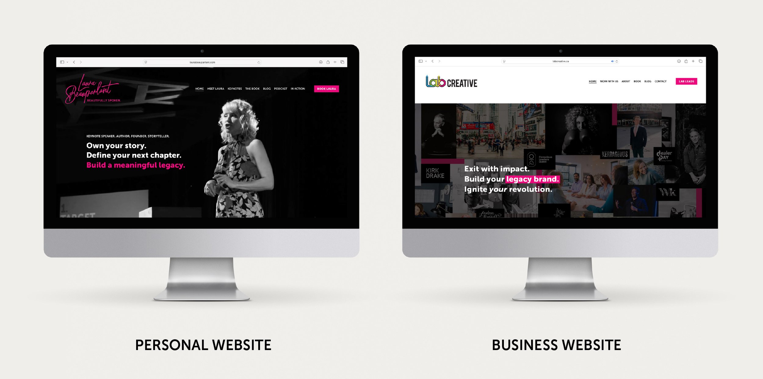 Two laptops side by side comparing a founder’s personal brand website with a business website, illustrating clear boundaries between individual identity and company brand.