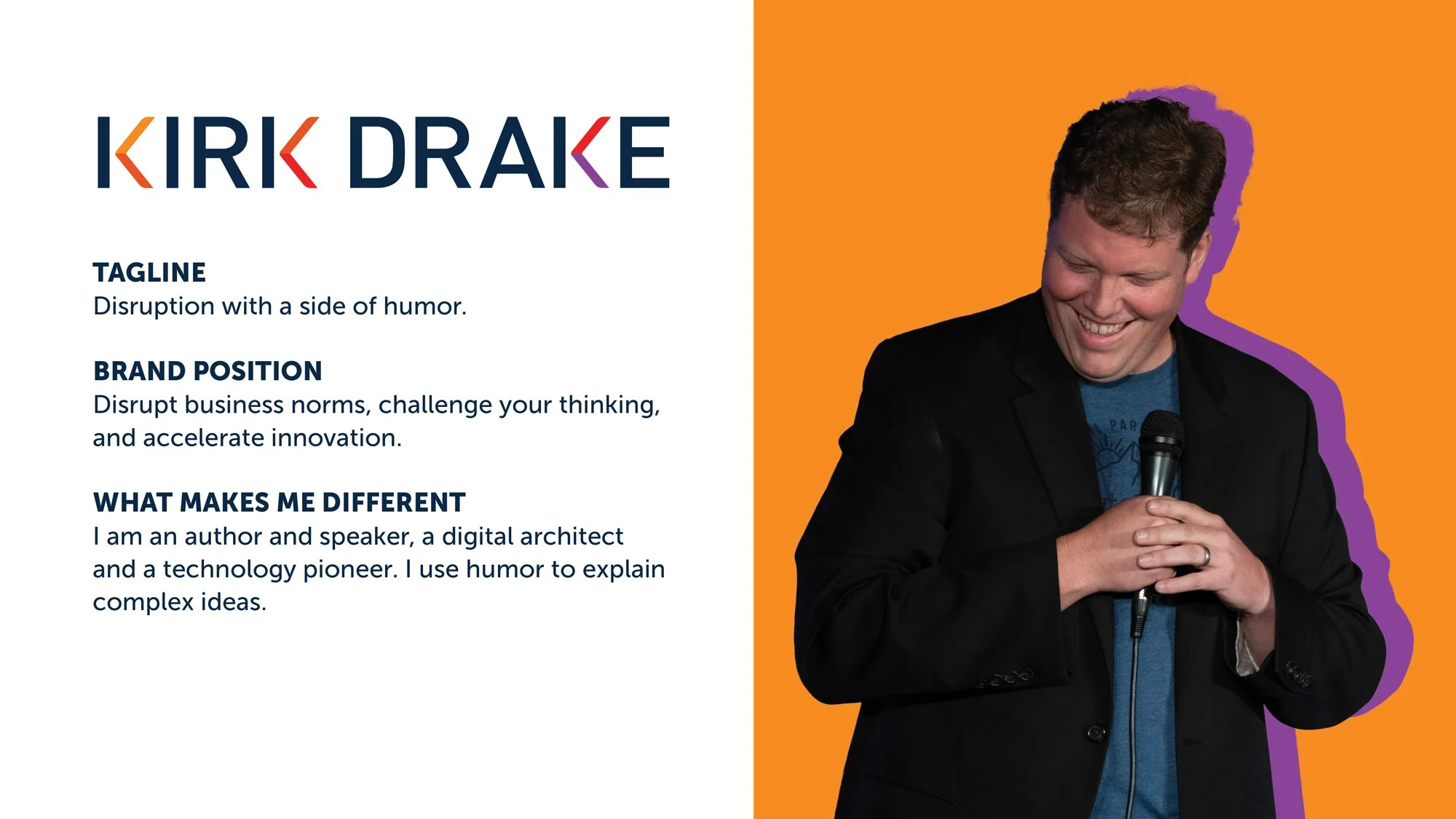 Kirk Drake’s personal brand tagline and positioning displayed, showing how founders can clarify their identity and align multiple ventures for credibility and growth.
