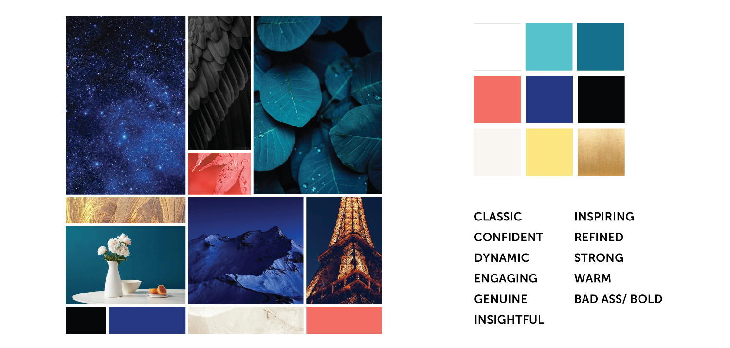 Julie Ellis visual board showing color palette, typography, and words that reflect her personal brand and coaching philosophy.