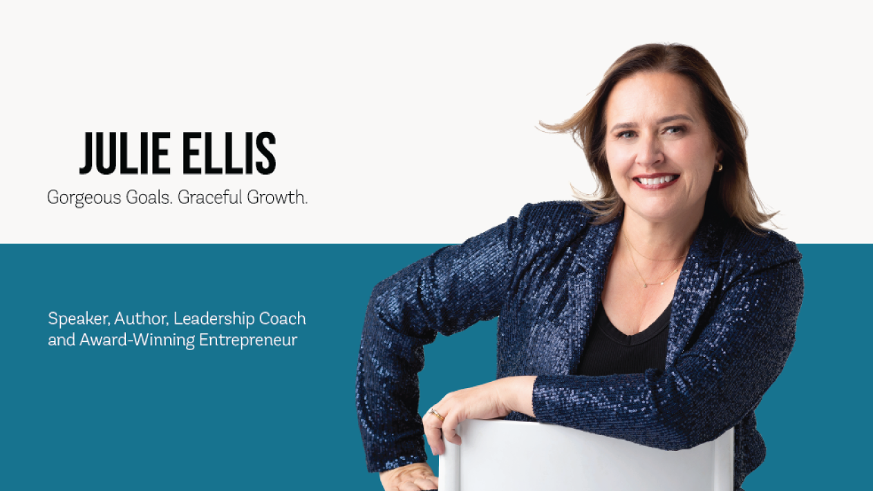 Julie Ellis introducing herself as a keynote speaker and author, embodying her personal brand and entrepreneurial journey.