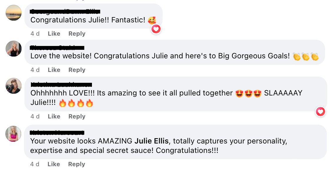 Positive feedback and testimonials from Julie Ellis’s community highlighting the impact and clarity of her rebranded personal brand.