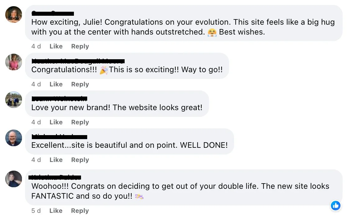 Positive feedback and testimonials from Julie Ellis’s community highlighting the impact and clarity of her rebranded personal brand.