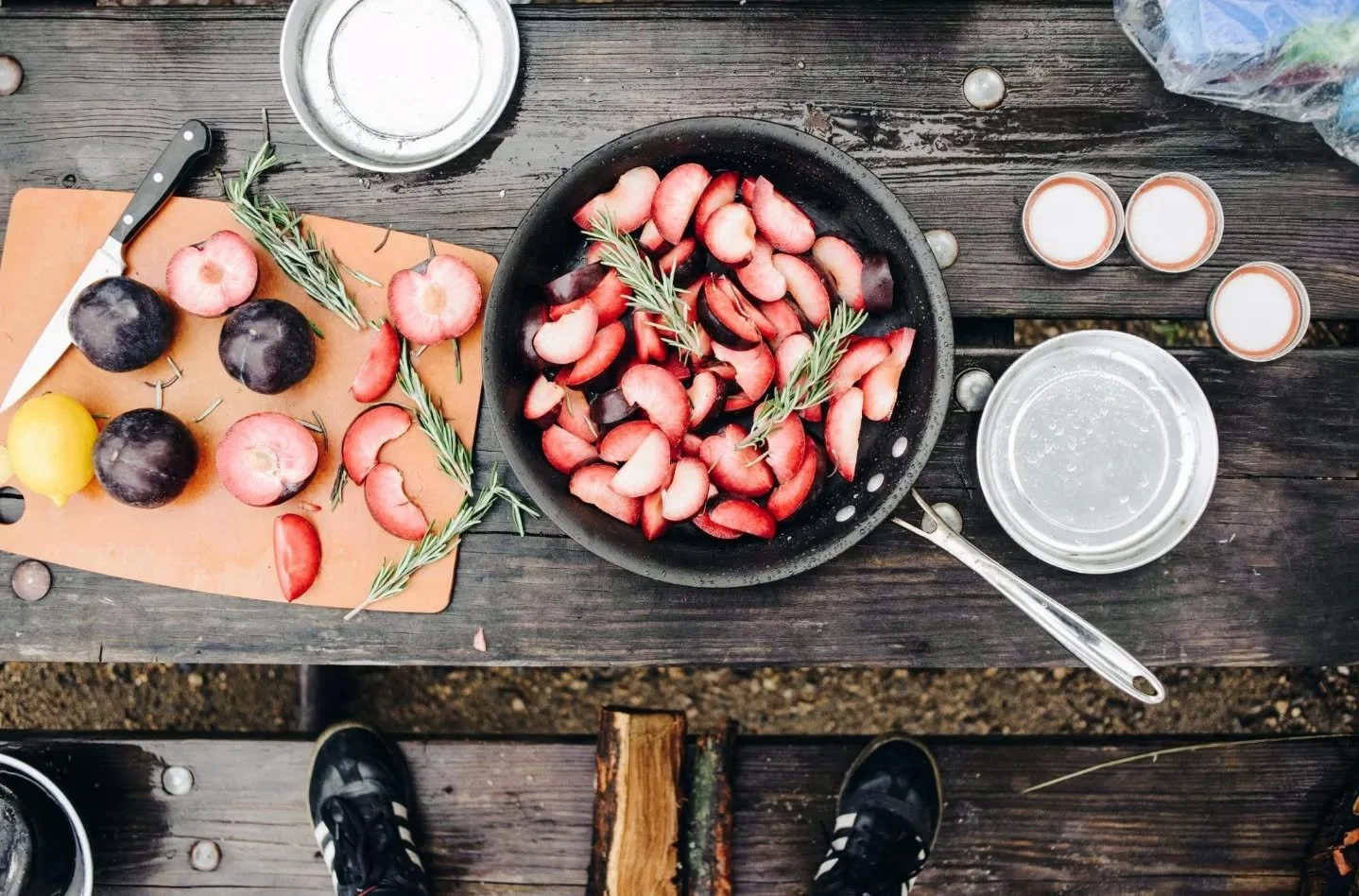 Some of my best shots have been taken camping with friends

We cooked stewed plum over the fire on a rainy day