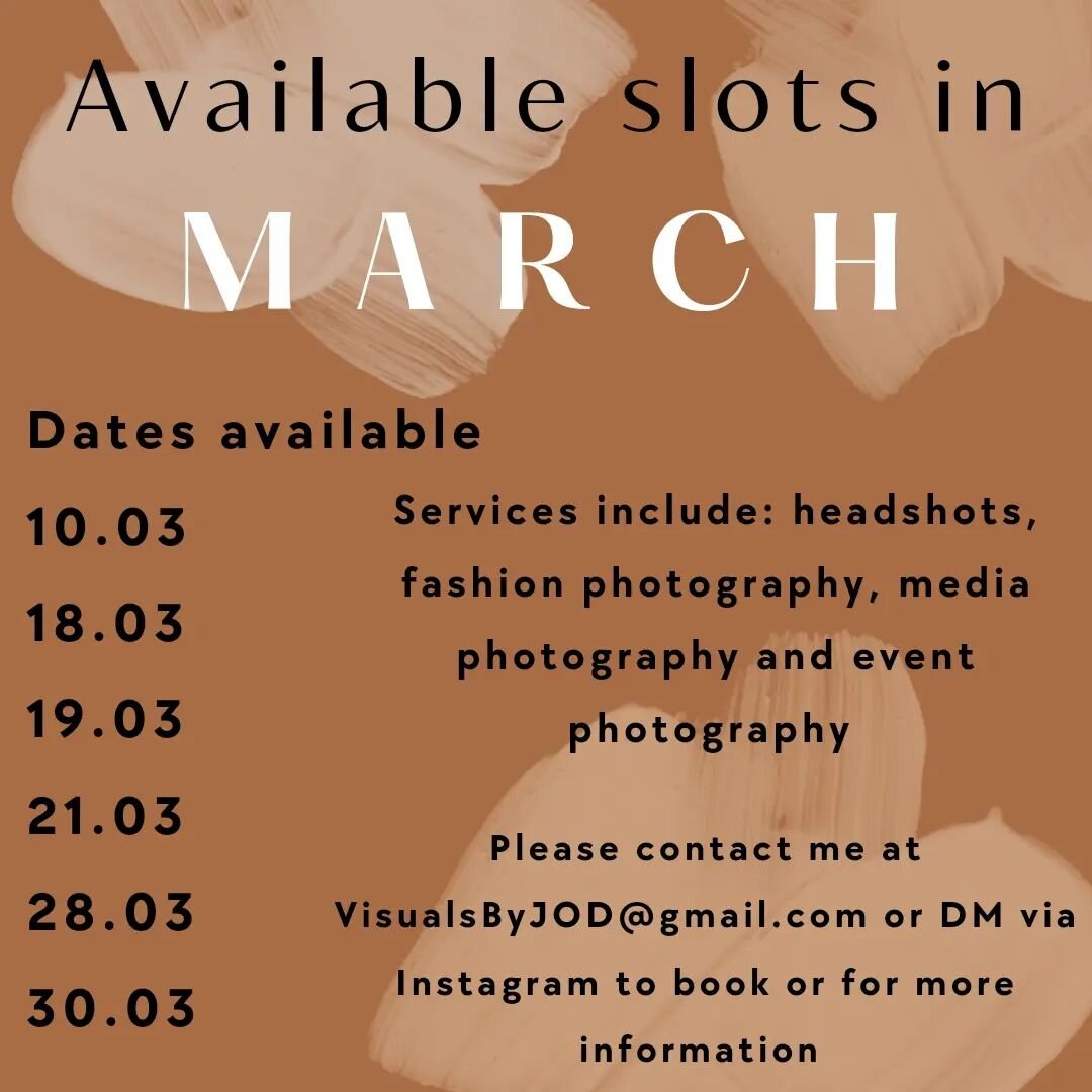 📸Open again for bookings! These are the days available in March 🥳
10th 
18th
19th
21st
28th
30th 

Services include: headshots, fashion photography, media photography and event photography.
 
Please email me at VisualsByJOD@gmail.com or DM me on he