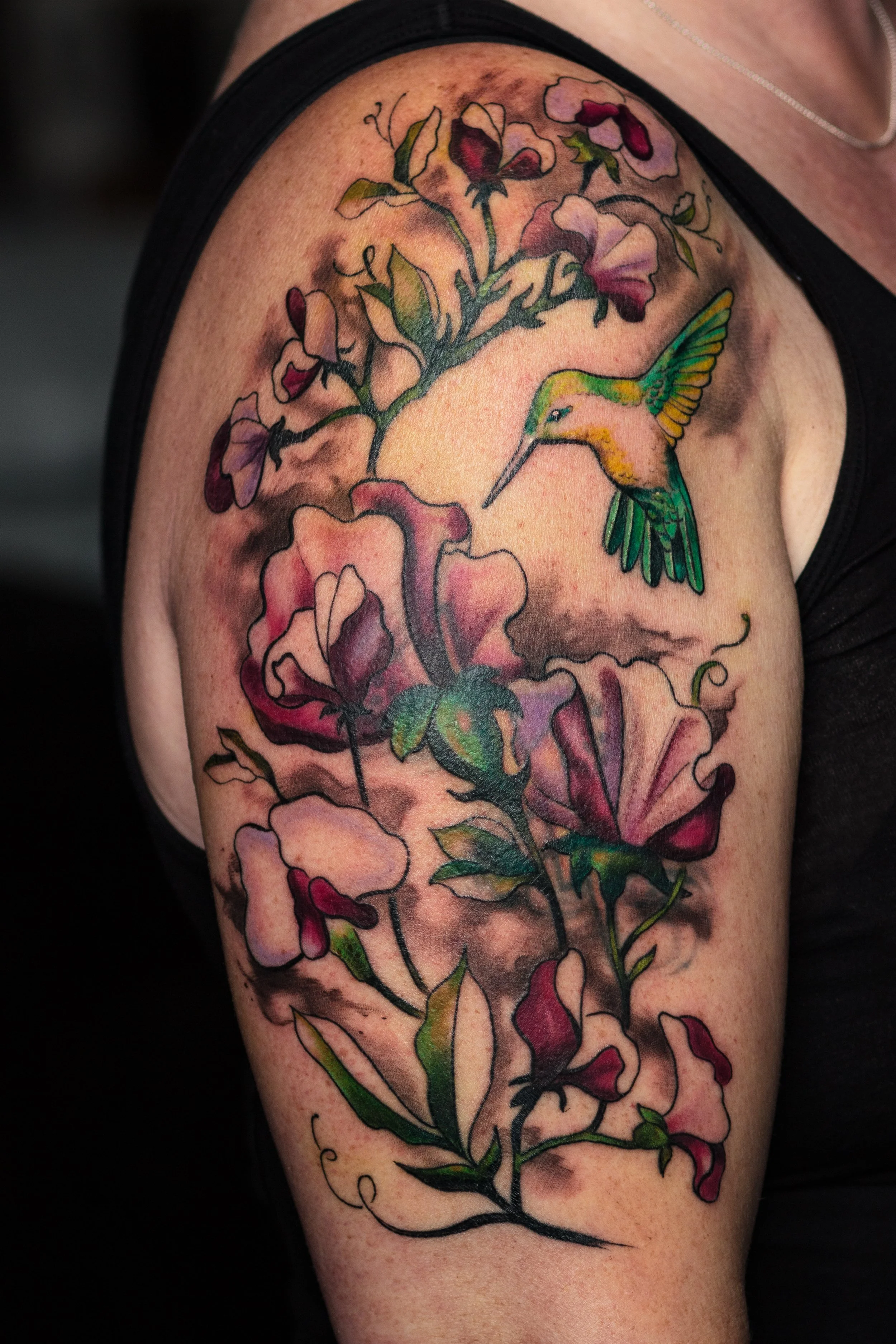 Sweetpea & Hummingbird Coverup, Watercolor elements