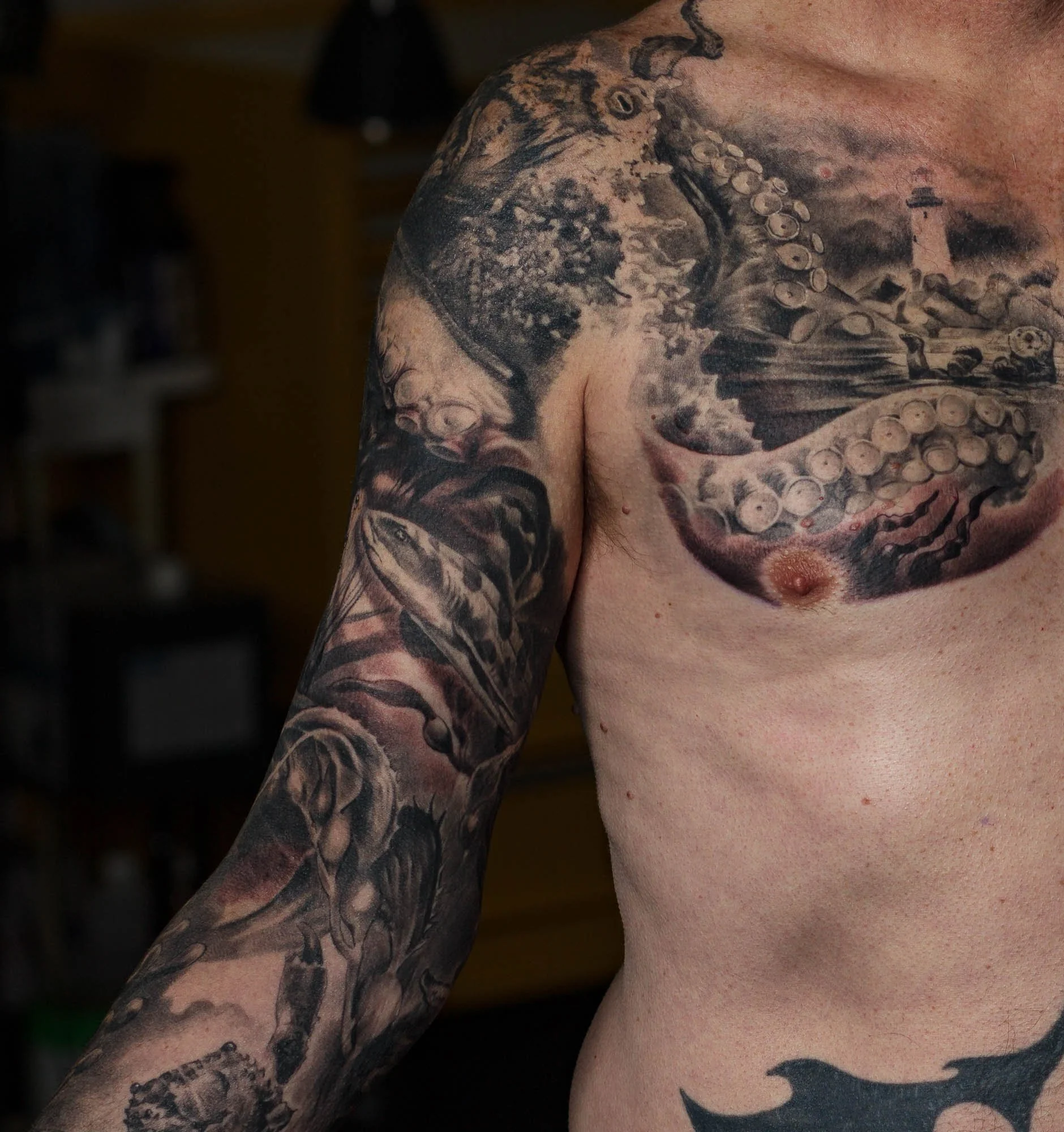 Octopus and Tiger Shark, Santa Cruz Ocean Sleeve Chest combo