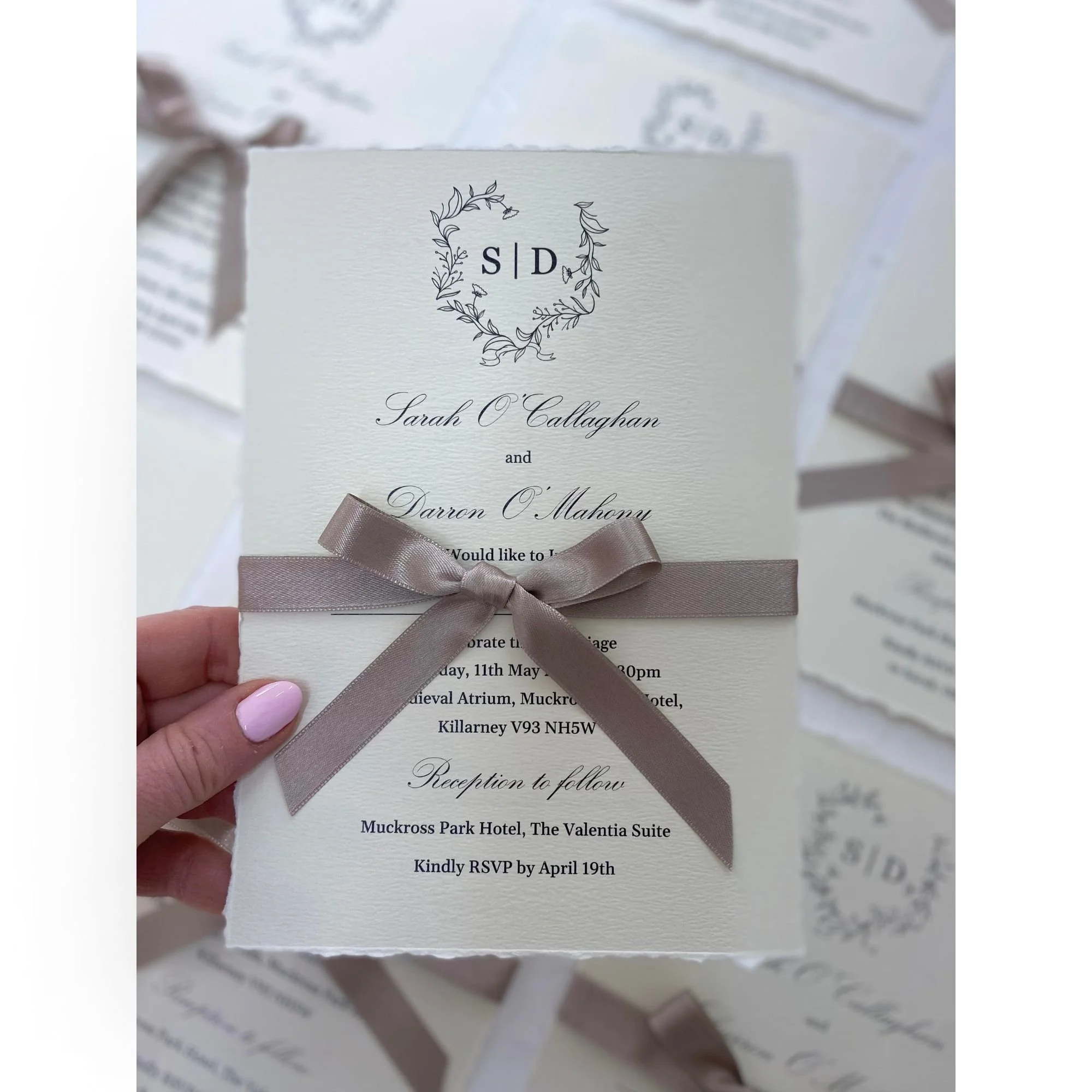 Sarah Hand Deckled Foliage Wedding Invitation Sample