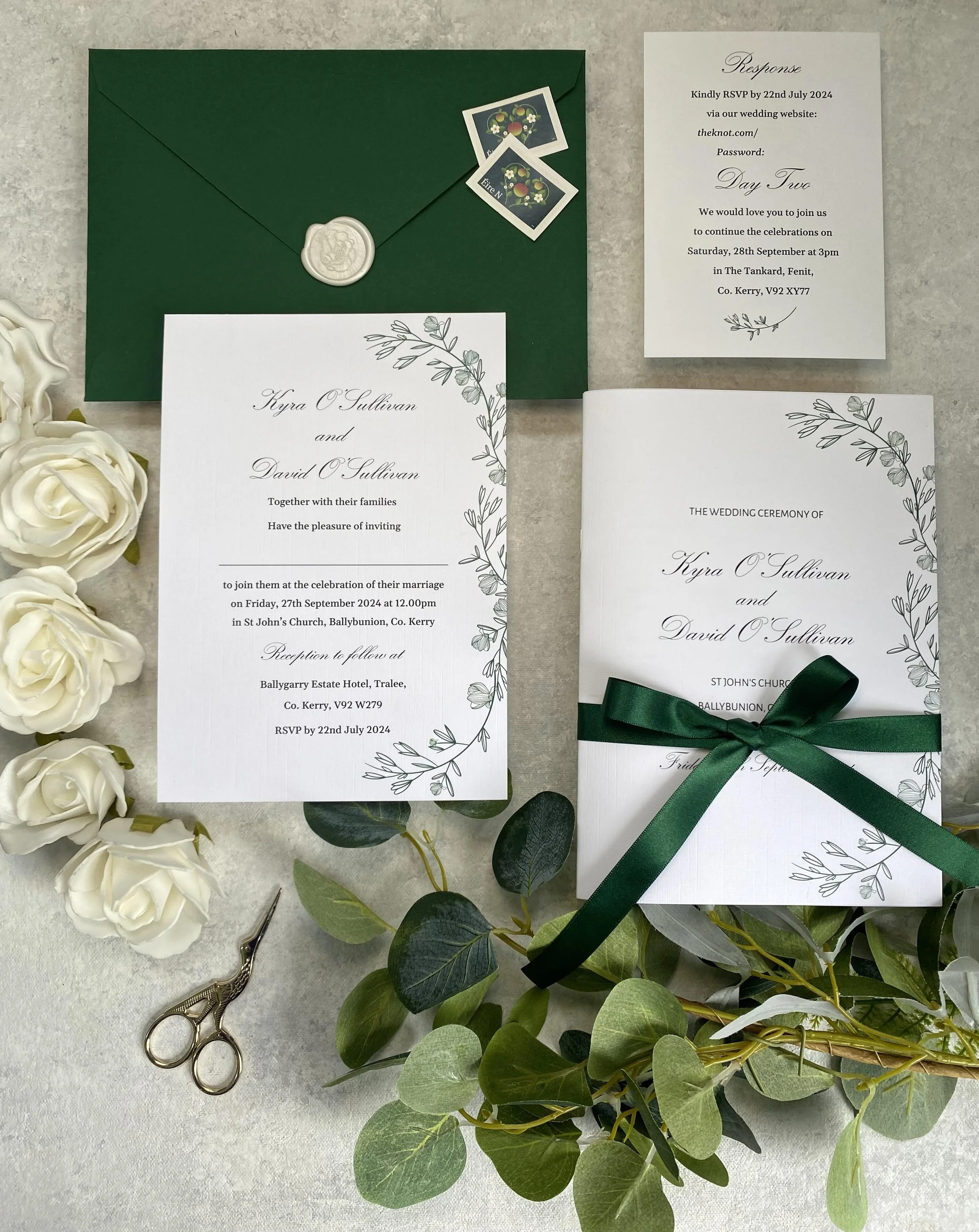 Olivia trailing foliage Linen Wedding Invitation