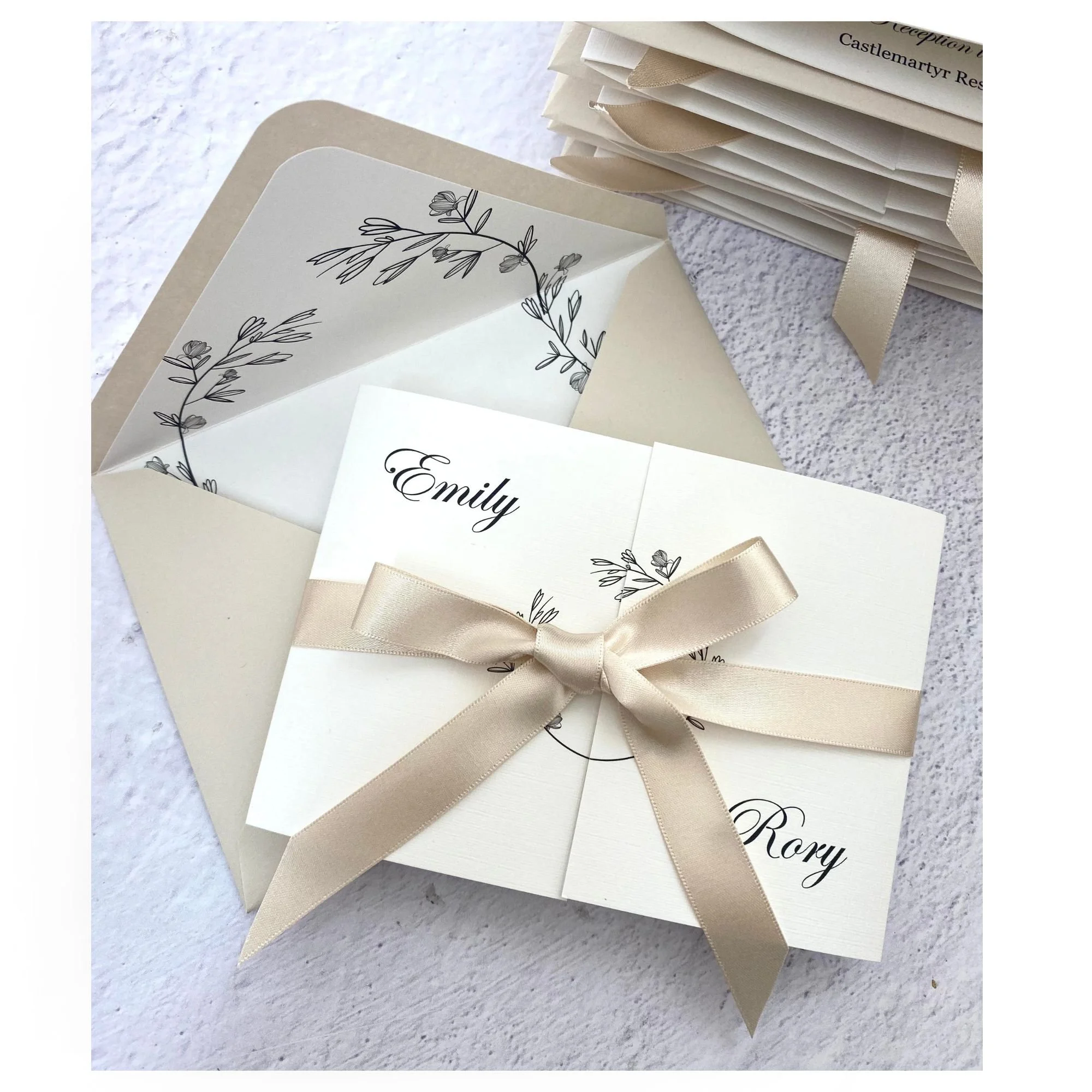 Emily foliage soft white linen Invitation sample