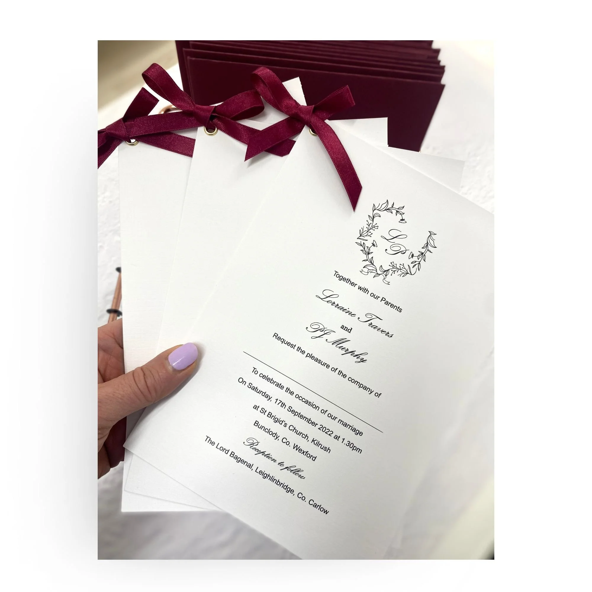 Lorraine classical white linen wedding invitation sample