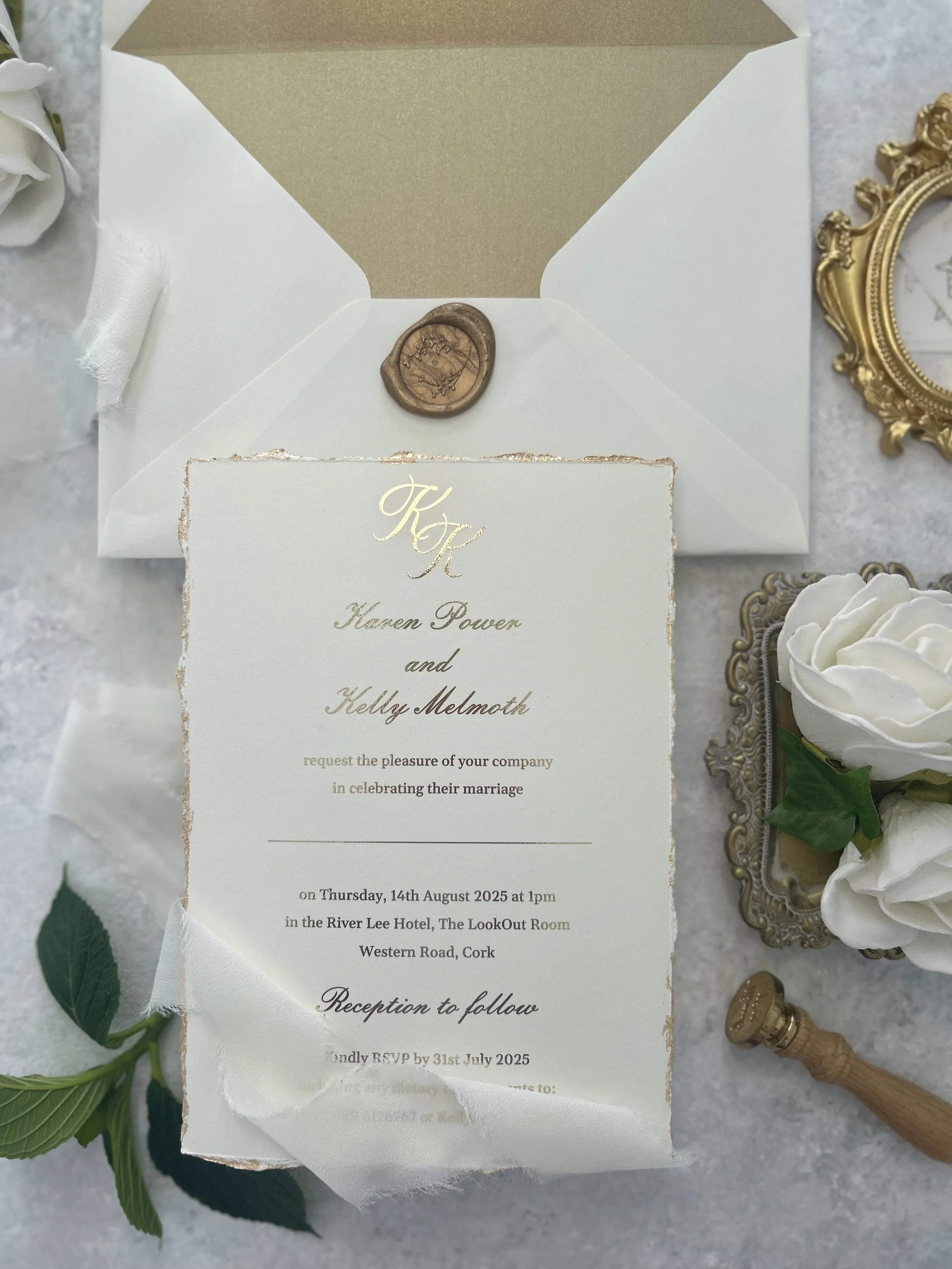Gold foil with gold leaf hand deckled Invitations