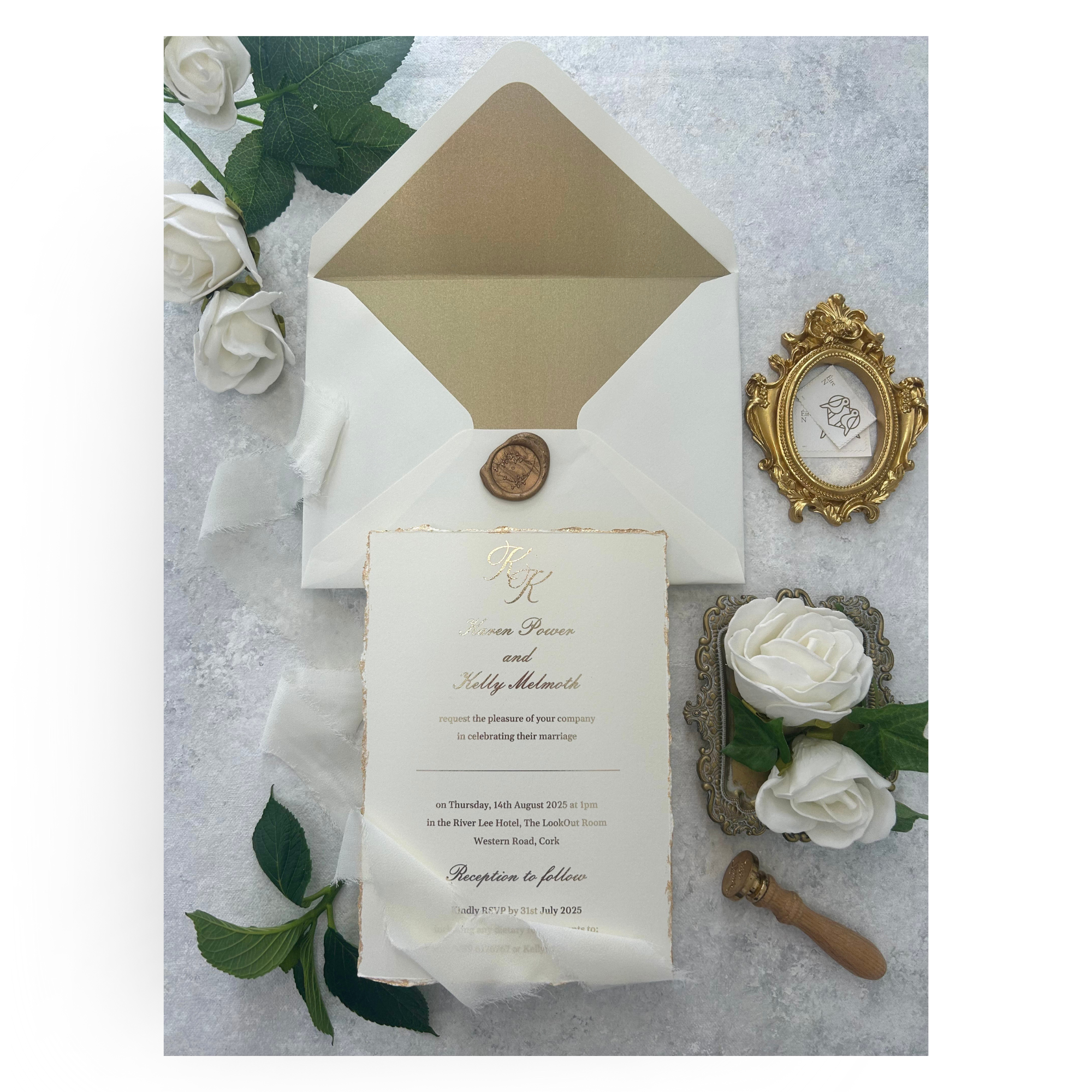 Karen  gold leaf deckled wedding Invitation Sample