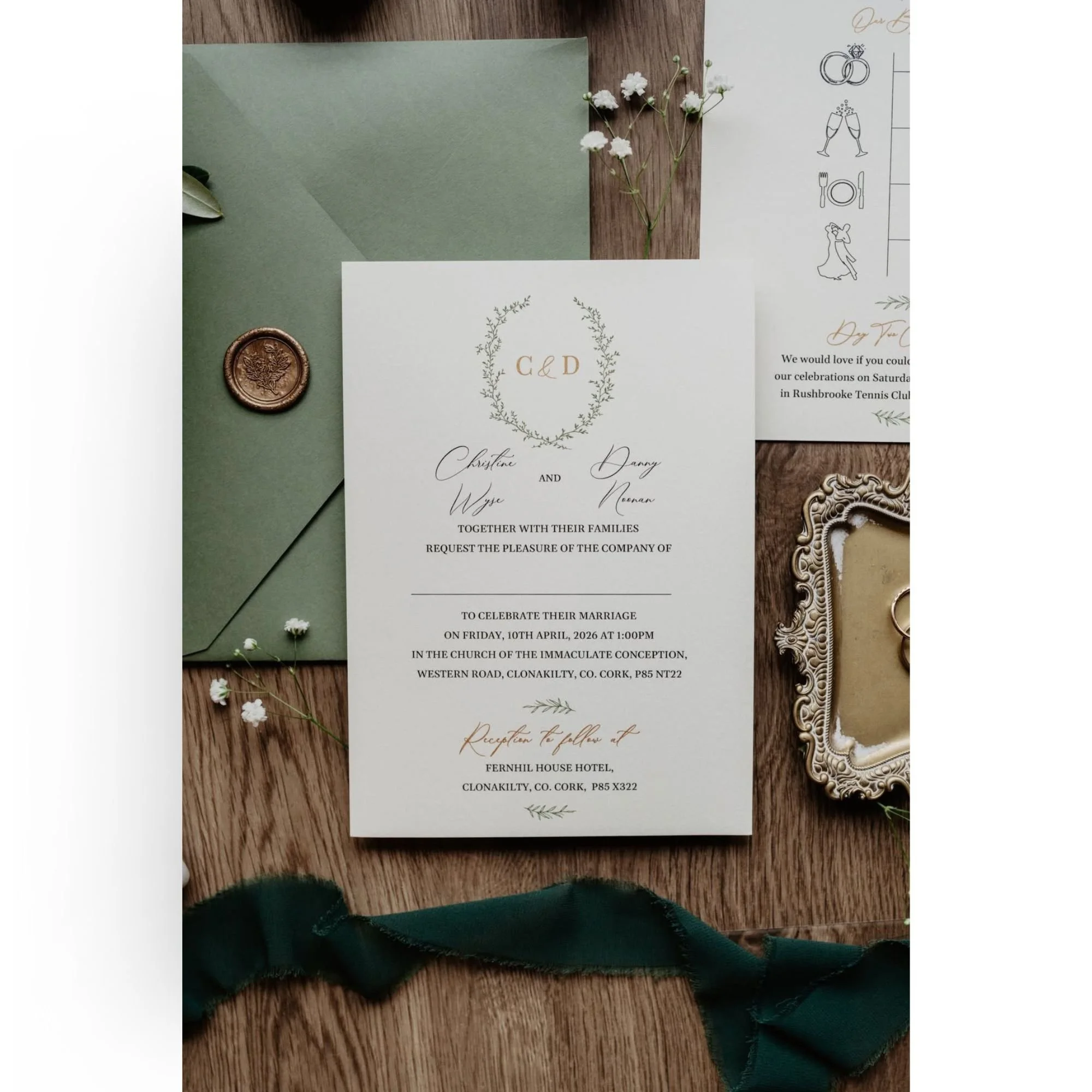 Christine elegant Ivory foliage Wedding Invitation