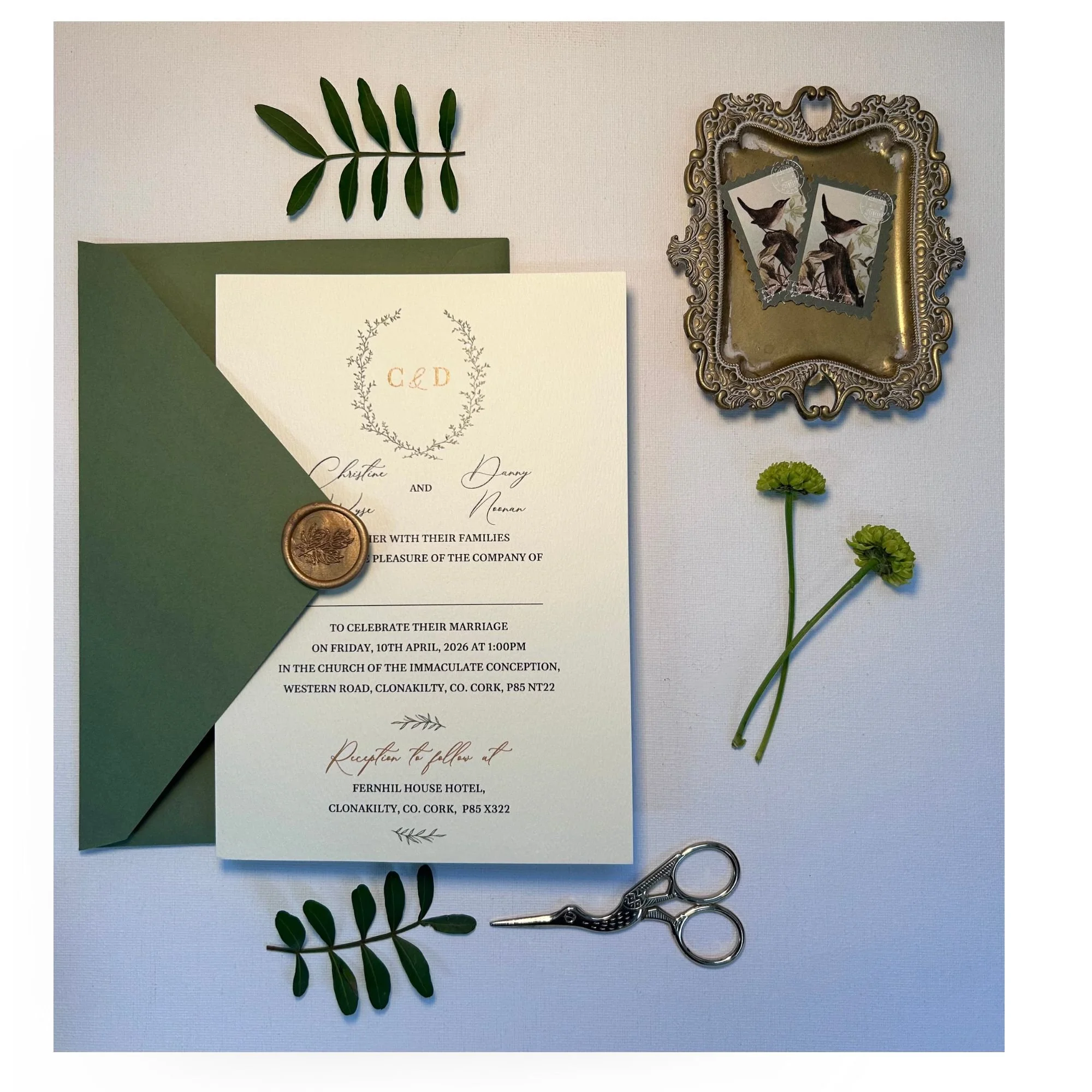 Christine elegant Ivory foliage Wedding Invitation Sample