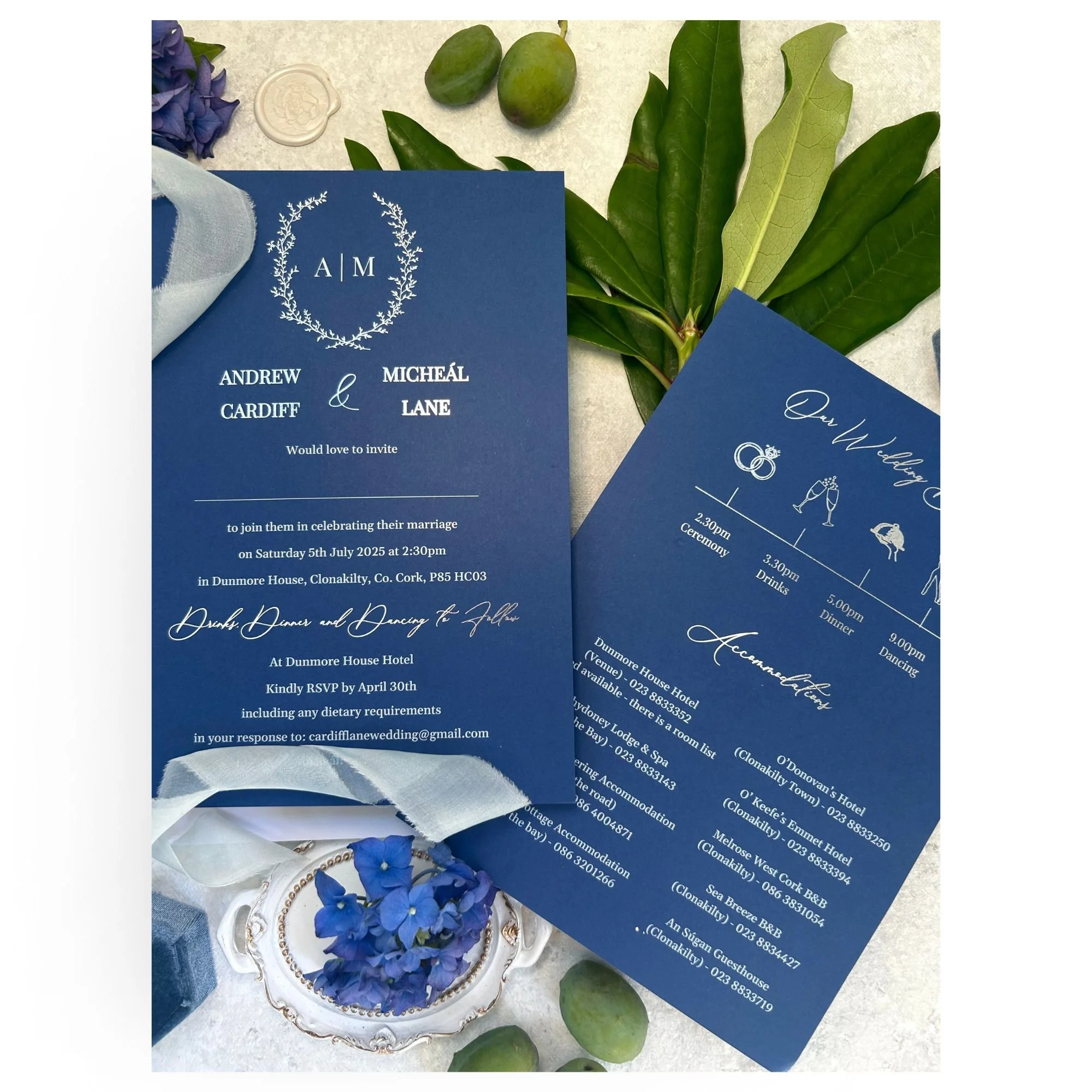 AM Sapphire Blue Foil Wedding Invitation Sample