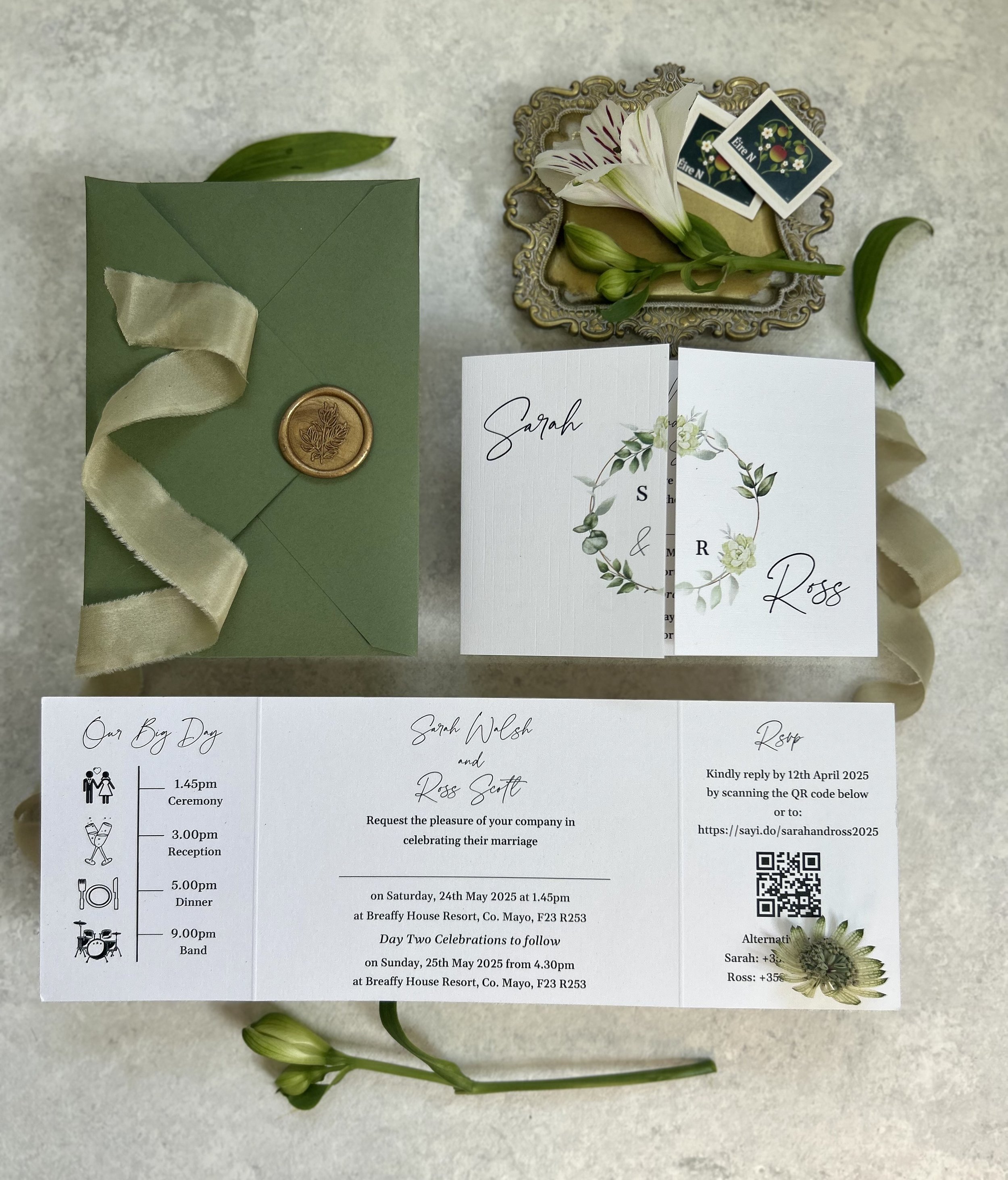 Sarah floral wreath soft white wedding invitation sample