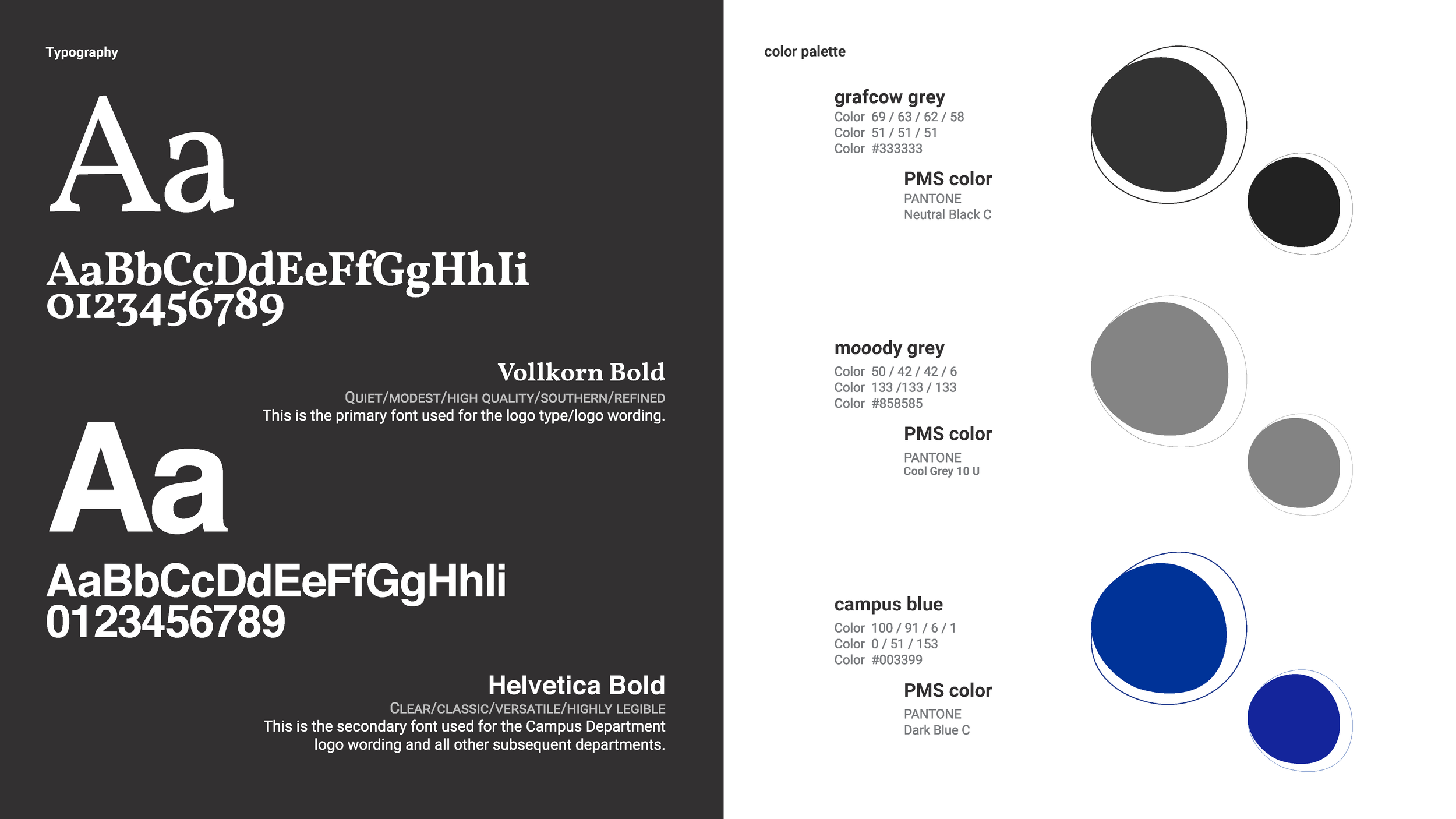 The Vollkorn typeface was chosen to bring an understated, refined southern feel to the brand to stay true to it's roots. 

Helvetica was chosen as the secondary font for a classic, comforting, highly legible and accessible feel. 

The colors were cho