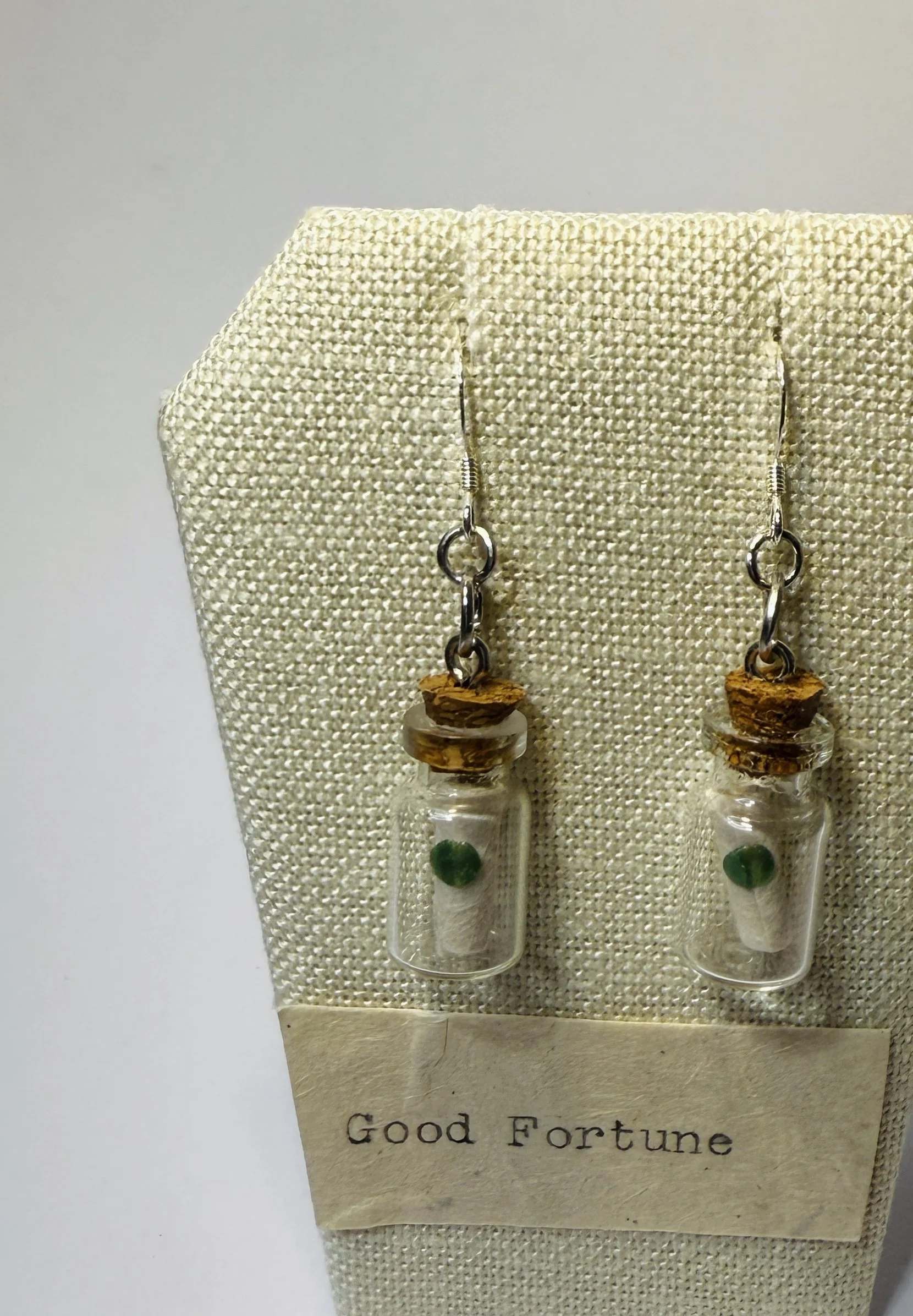 Good Fortune Message in a Bottle Earrings with Sterling Silver Hooks