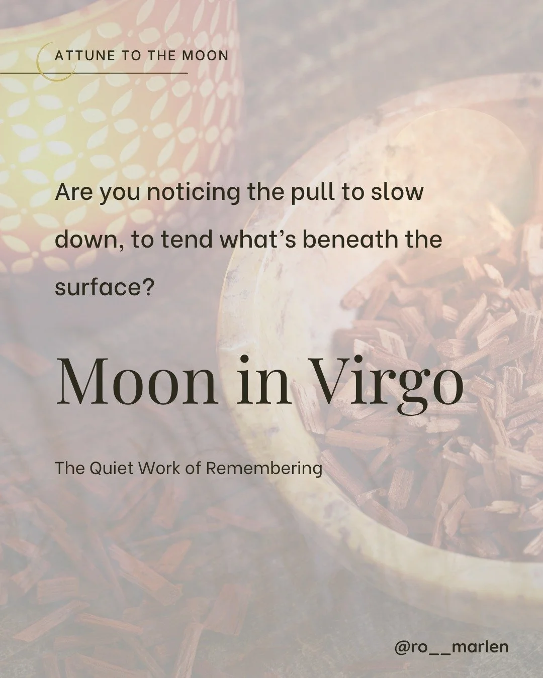 The Virgo Moon arrives with the scent of fallen leaves on Earth and a tangible hum of the unseen world. 

This moon calls us to tidy our inner altar, to clear what&rsquo;s cluttered, to honor what has fed us, to make space for what wants to come thro