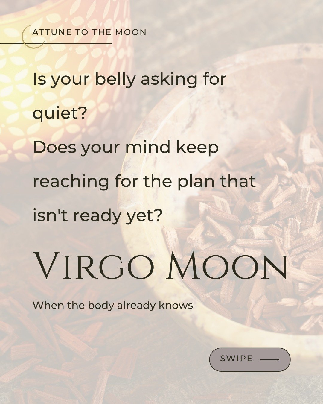 The moon moves into Virgo, and something in your belly settles or asks to.

This is the sign of the regulated gut, the enteric system, the quiet intelligence that lives below the ribs. Your belly runs its own intelligence. When it settles, the knowin