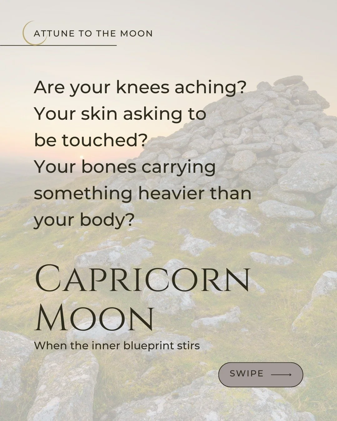 The moon moves into Capricorn, and your knees, skin, and bones become the territory worth paying attention to, the body's deepest architecture, the place where purpose lives before it becomes visible.

Your bones hold something that didn't begin with