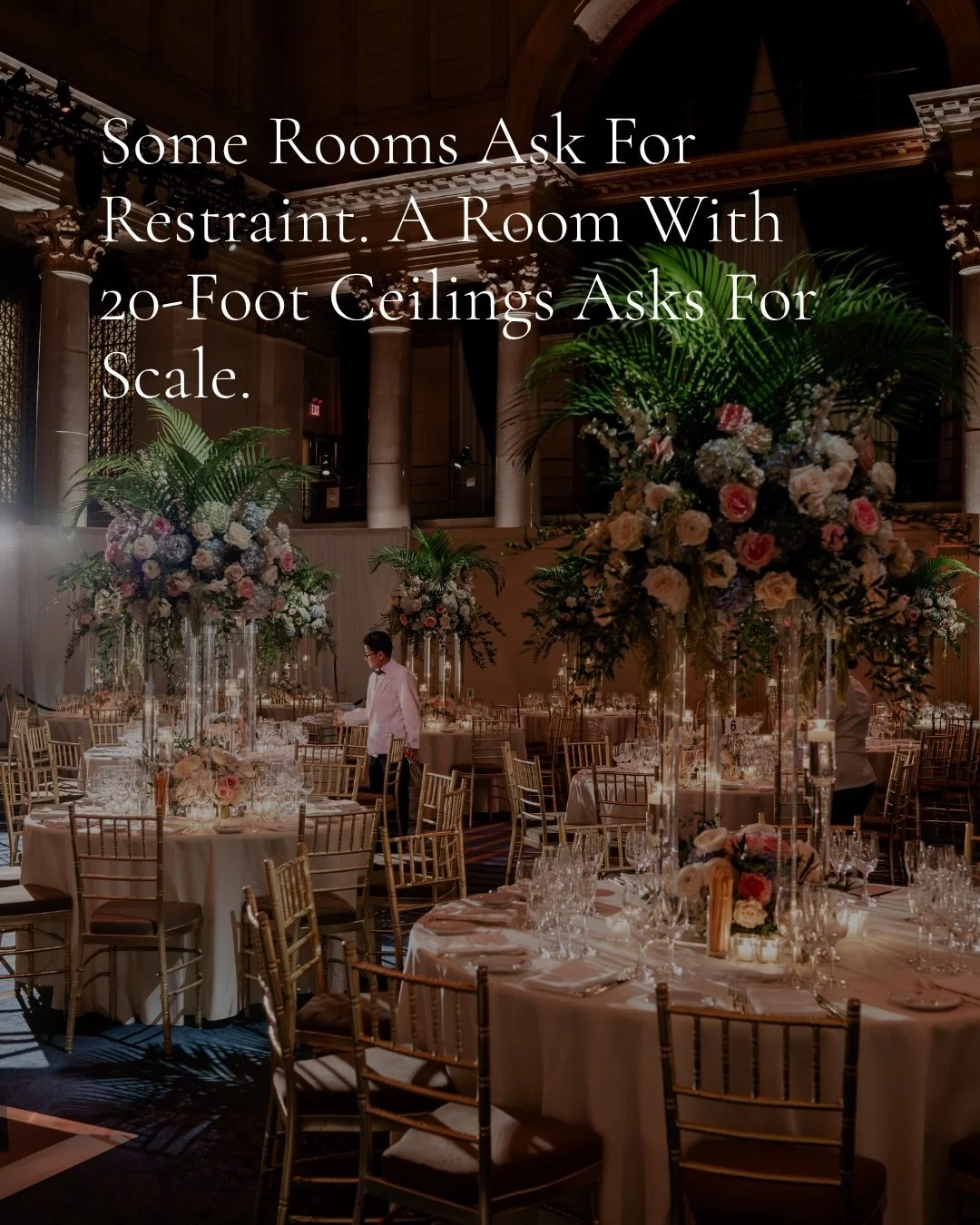 SOME ROOMS ASK FOR RESTRAINT. A ROOM WITH 20-FOOT CEILINGS ASKS FOR SCALE.
.
.
Tall centerpieces aren&rsquo;t about drama for drama&rsquo;s sake &mdash; they&rsquo;re about proportion. In a soaring space, a low arrangement reads as an afterthought. H