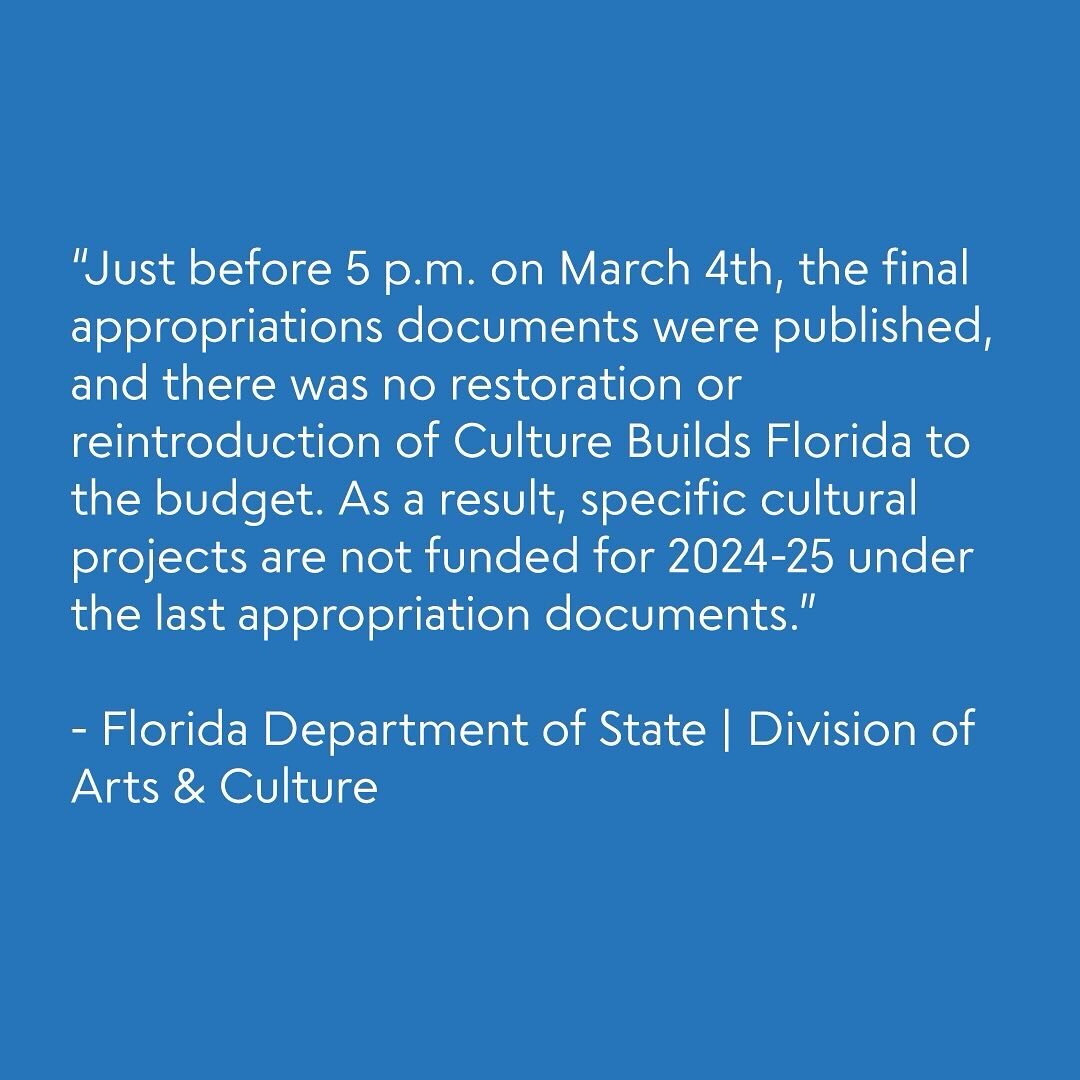 Rough news 😖 The State of Florida seems to be saying &lsquo;no, thank you&rsquo; to Tropic Bound and to a whole bunch of amazing cultural programs. 👎 It looks as though the our state congress people are choosing not to fund our entire grant categor