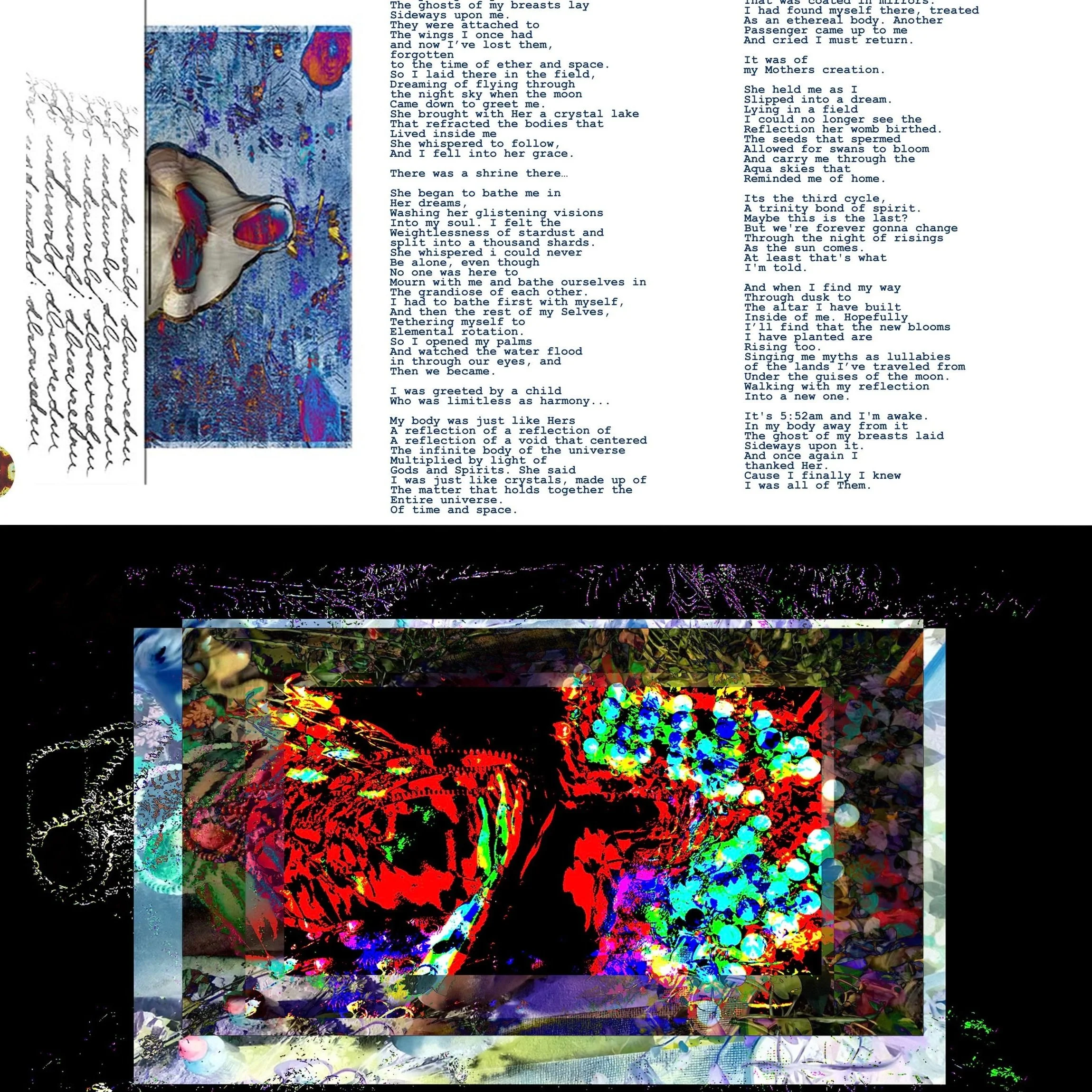 A digital artwork with layered abstract visuals and text. The surrounding areas contain abstract patterns and a collage of colors, beneath a mix of handwritten and printed text. The image appears distorted, creating multiple overlapping layers.