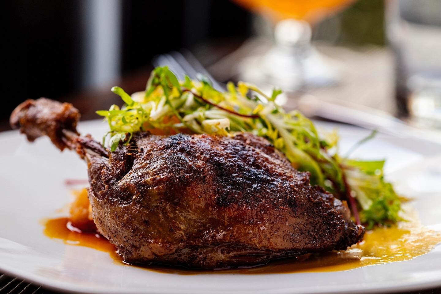 You have to try our Duck Leg Confit! It falls right off the bone and it is served simply with some mashed Rutabaga, Fris&eacute;e, &amp; Blood Orange Gastrique. Available on our Winter Dinner Menu! Dinner starts at 5:00 PM.
.
.
.
📸 : @gnarshredjab 
