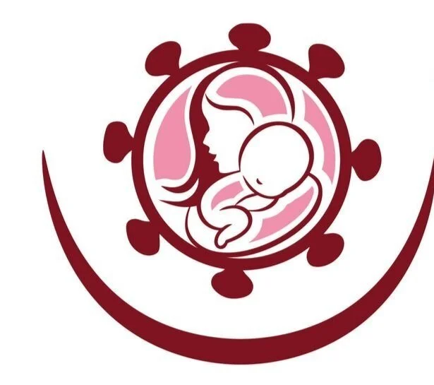 Illustration of a woman and a baby in a circular emblem with a crescent shape beneath it.
