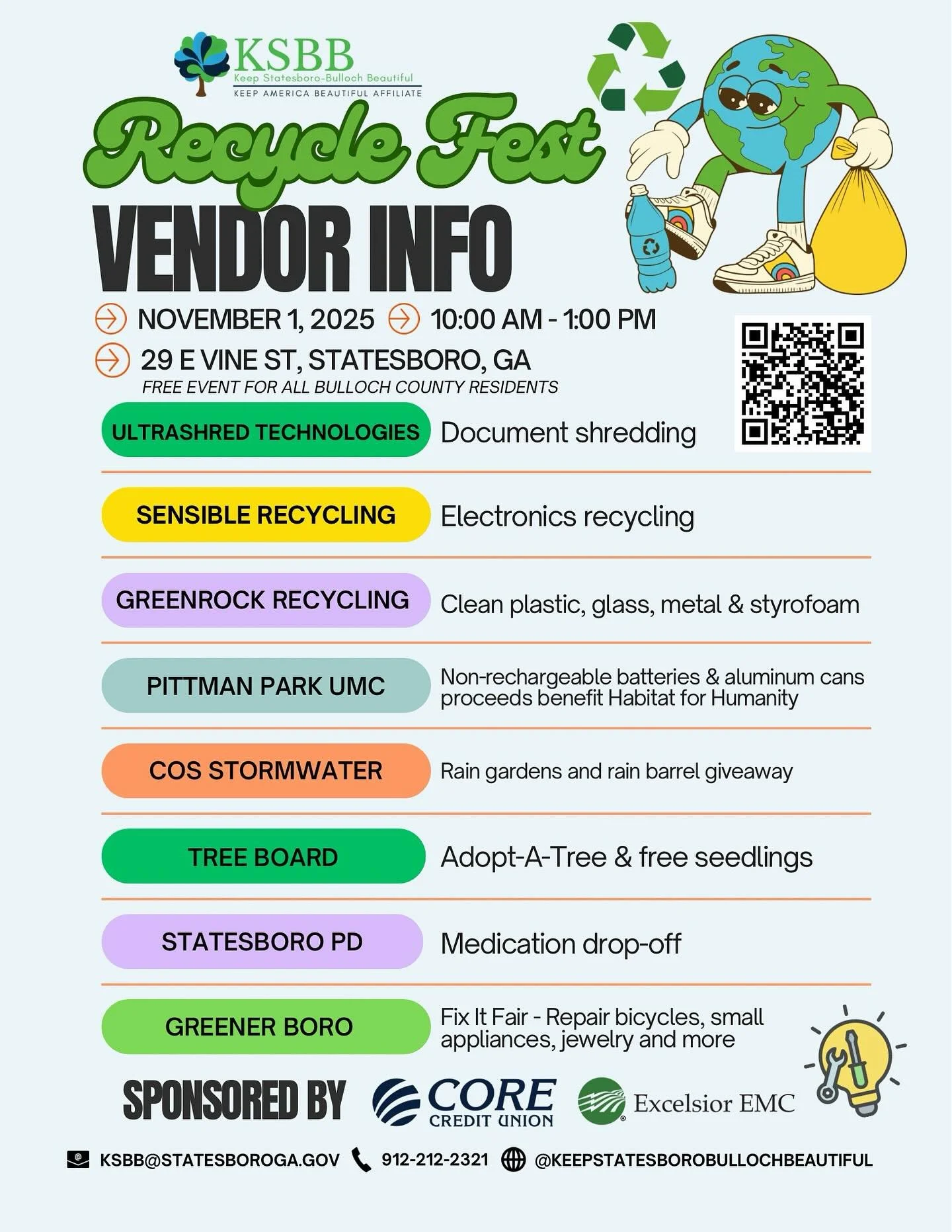 Here’s a sneak peak at the vendors joining us for Recycle Fest on Saturday, November 1, from 10AM - 1PM at 29 E Vine St behind City Hall. 
This free event for all Bulloch County residents will feature secure document shredding, electronics rec