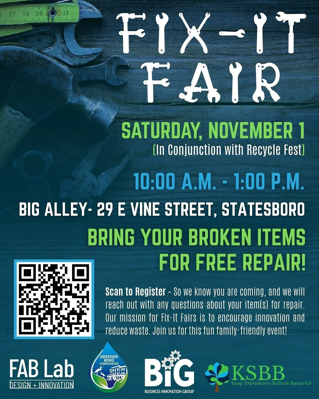 ๐ ๏ธ You’re Invited to a Fix-It Fair!
Bring your broken items for FREE repair — including bikes, clothing/textiles, lamps, jewelry, small appliances, wood glue repairs, and more! 
๐
Saturday, November 1st (held in conjunction with Recycl