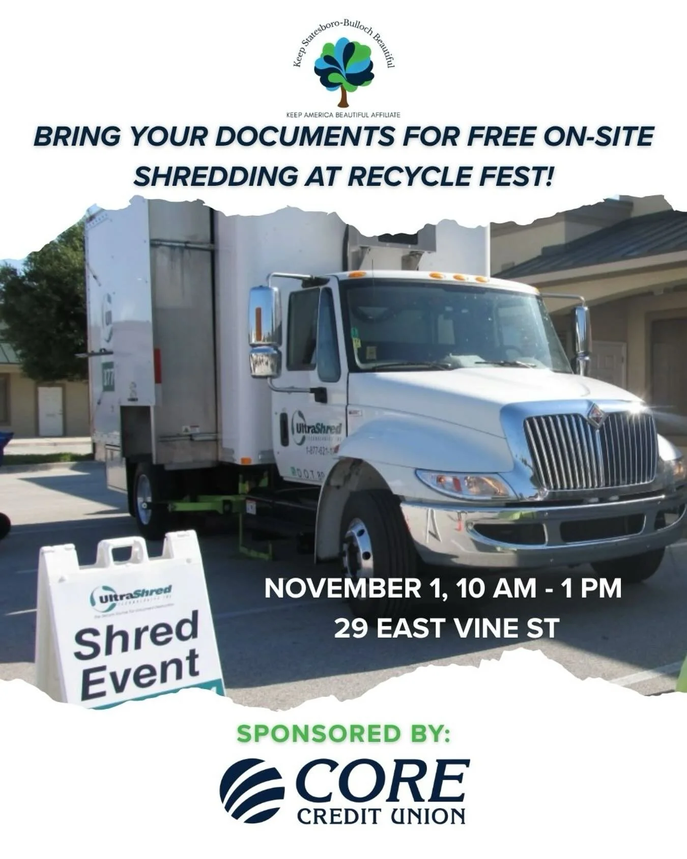 FREE On-Site Document Shredding โป๏ธ Stop by RecycleFest on Friday, November 1, from 10 AM to 1 PM at 29 East Vine Street. Safely and securely dispose of your confidential papers.
This event is free to all Bulloch County residents! Visit our website f