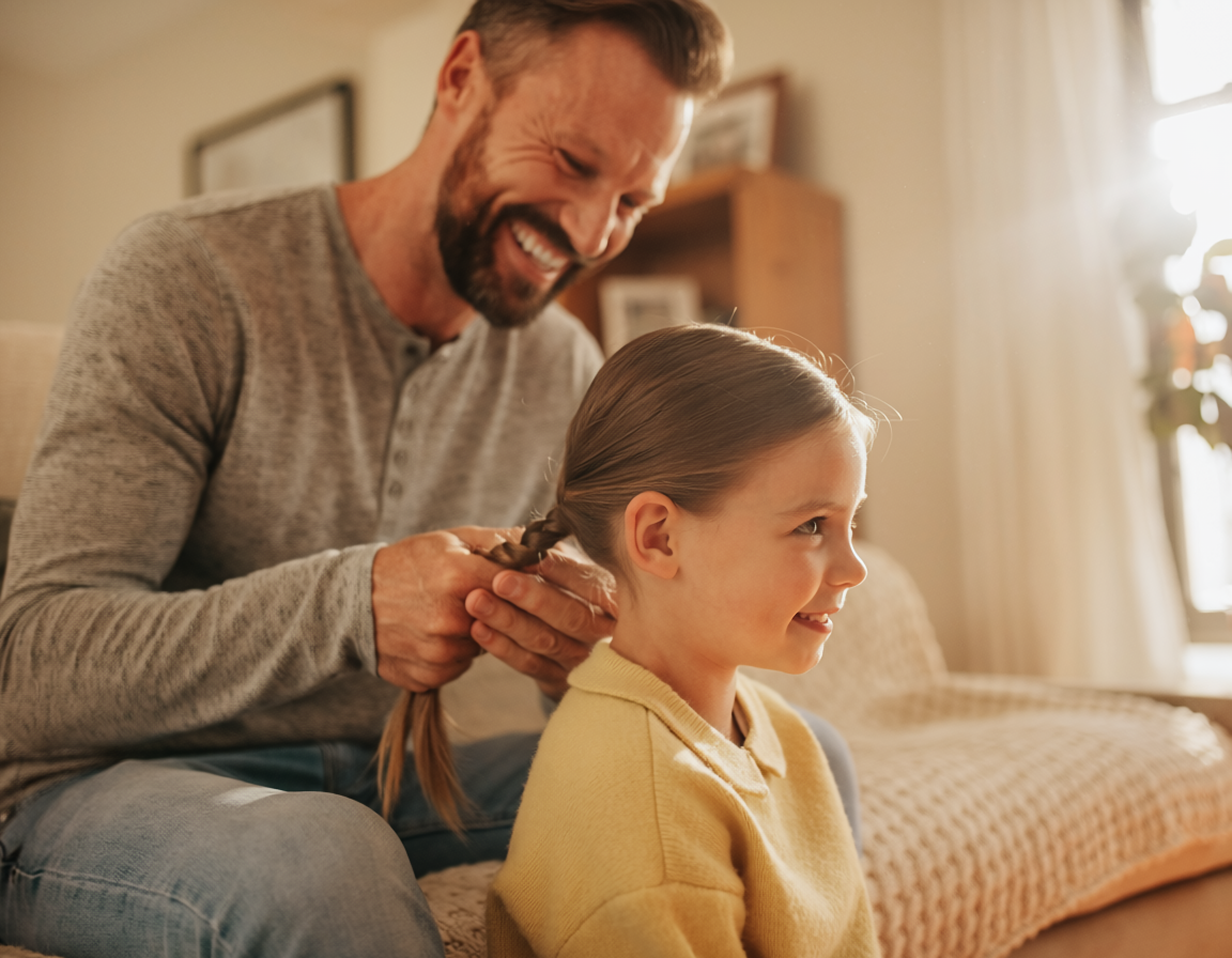 Firefly_a loving father carefully braiding his 5-year old daughters hair, warm natural lighti 342664.png